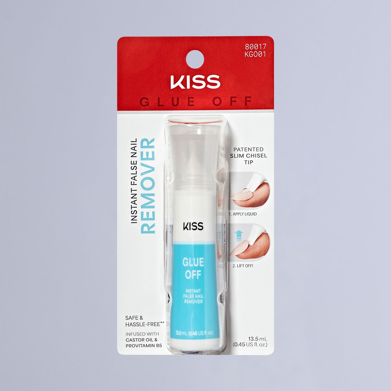 KISS Glue OFF Instant False Nail Remover in a white and blue bottle with patented slim chisel tip, shown in blister packaging with usage steps and claims of being safe, hassle-free, and infused with castor oil and provitamin B5.
