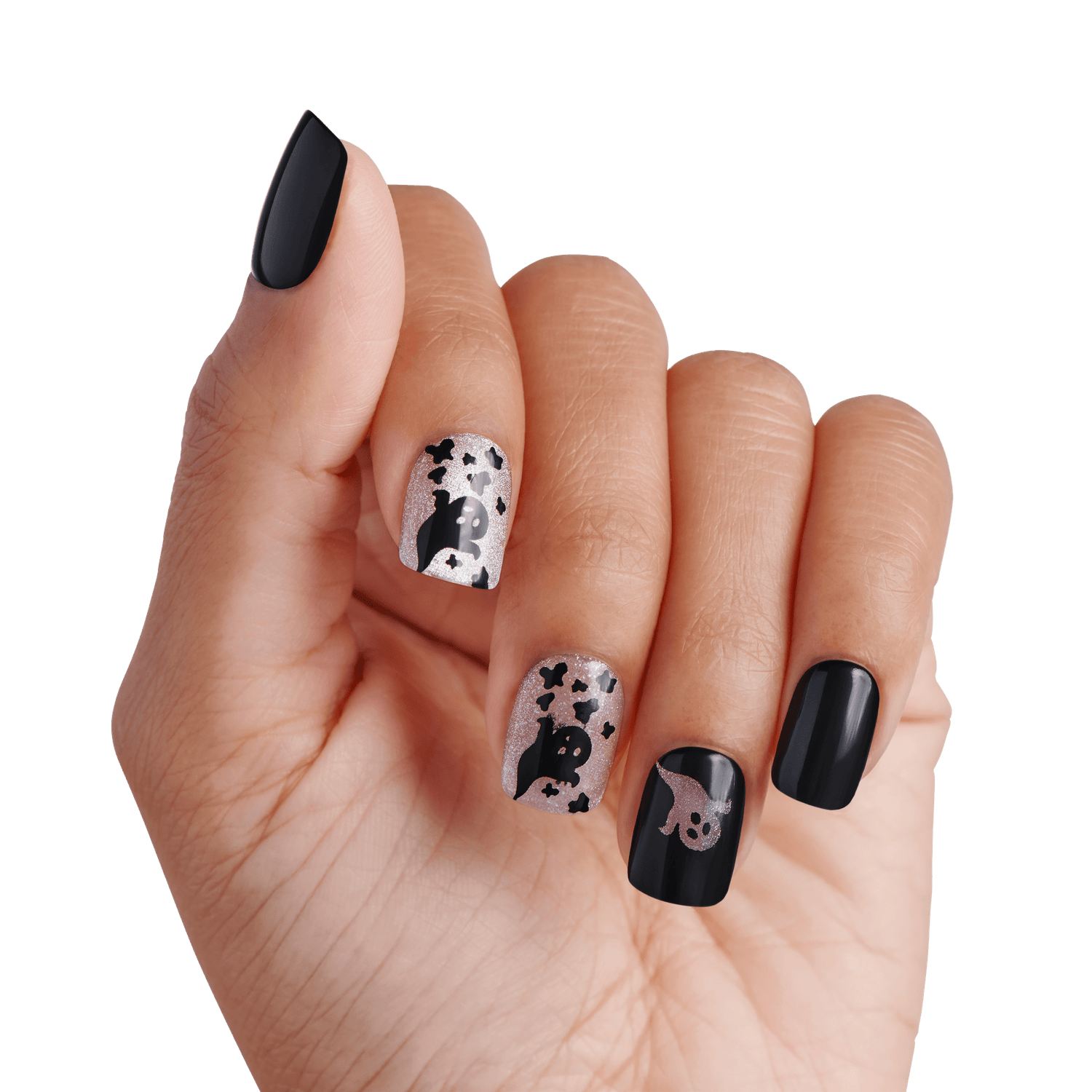 Impress Design Halloween No Glue Fake Press On Nails - Haunt Me | Design, Black, Short, Squoval, Glow In The Dark, Manicure