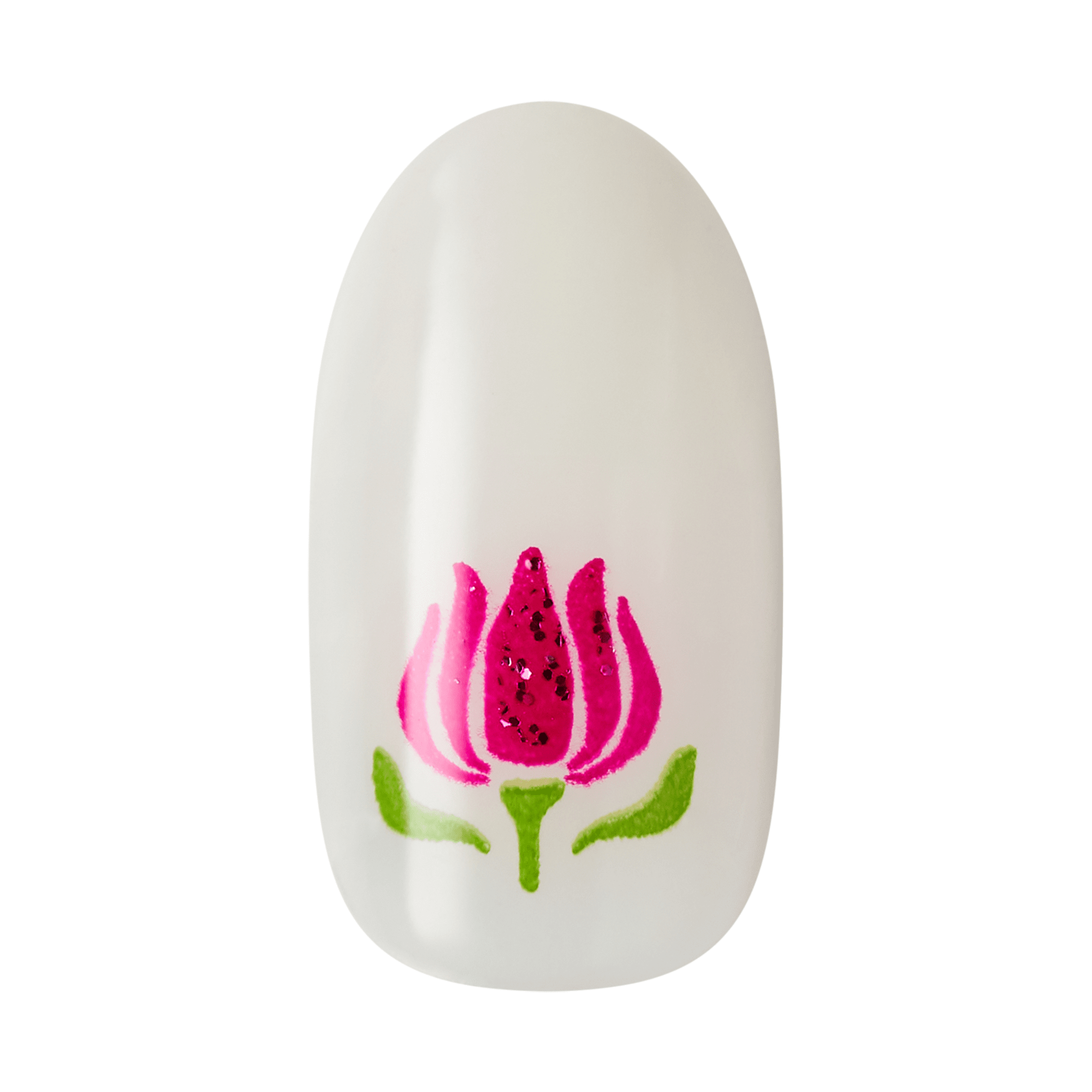 The image features a nail art design on a white nail tip. The design showcases a stylized pink lotus flower with five petals, accented by black glitter in the center. Below the flower, there are two green leaves, adding a touch of color and contrast to the overall design. The clean white background enhances the vibrancy of the pink and green elements.