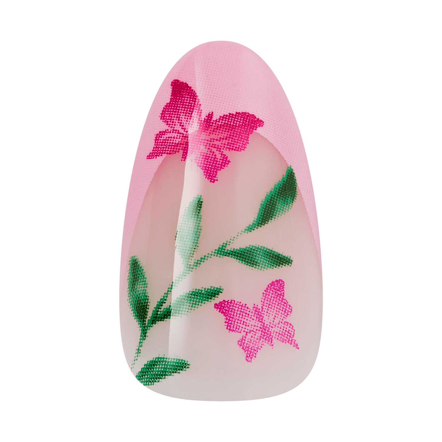 Pink almond nail with magenta flowers and green leaves design