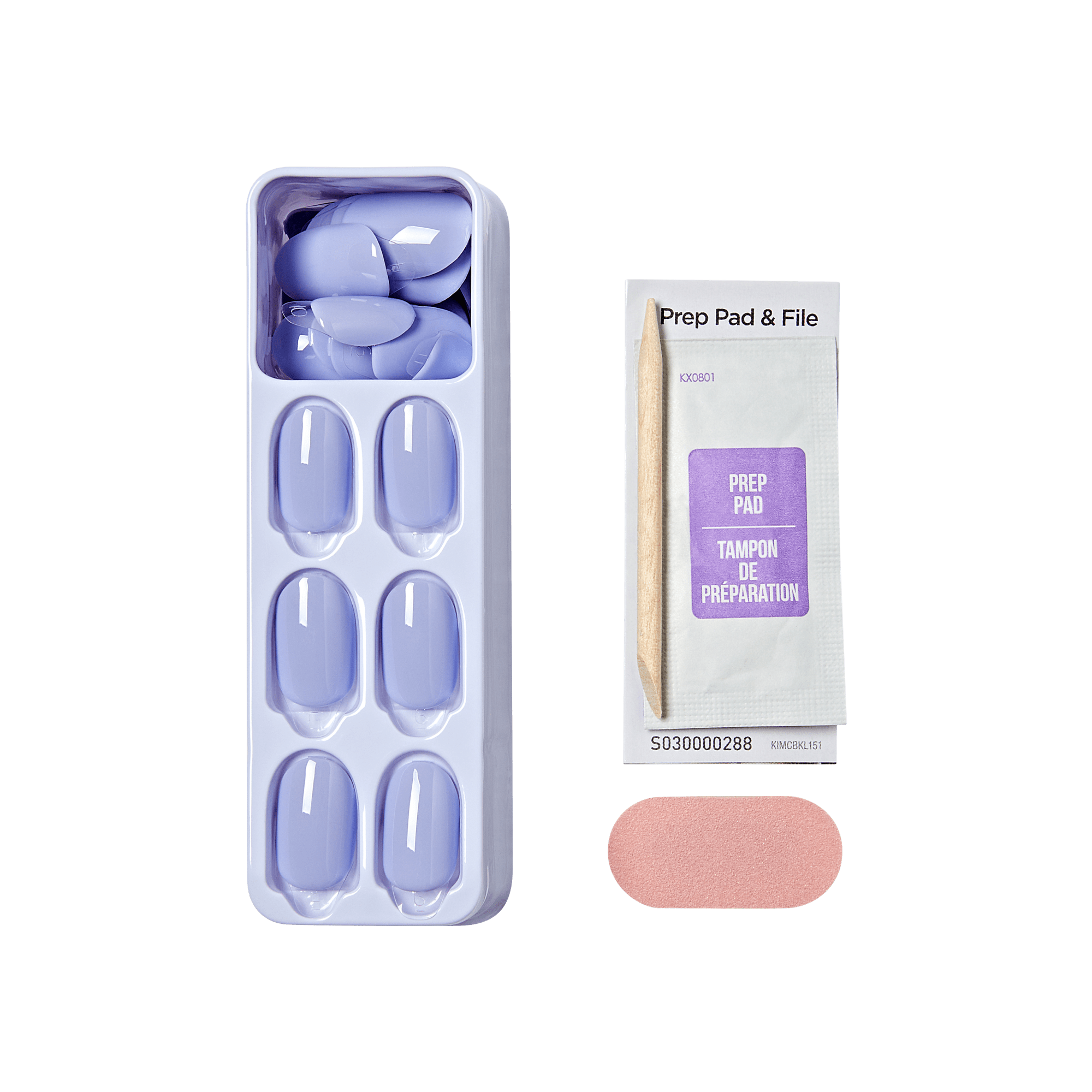 The image features a set of artificial nails in a light lavender color, neatly arranged in a plastic case. The case holds several nail tips, showcasing a smooth and glossy finish. Next to the case is a prep pad and file, packaged in a small, sealed envelope. The prep pad is labeled clearly, indicating its purpose for nail preparation, while the file is a soft pink color, designed for smoothing and shaping the nails. Overall, the image presents a complete nail application kit.