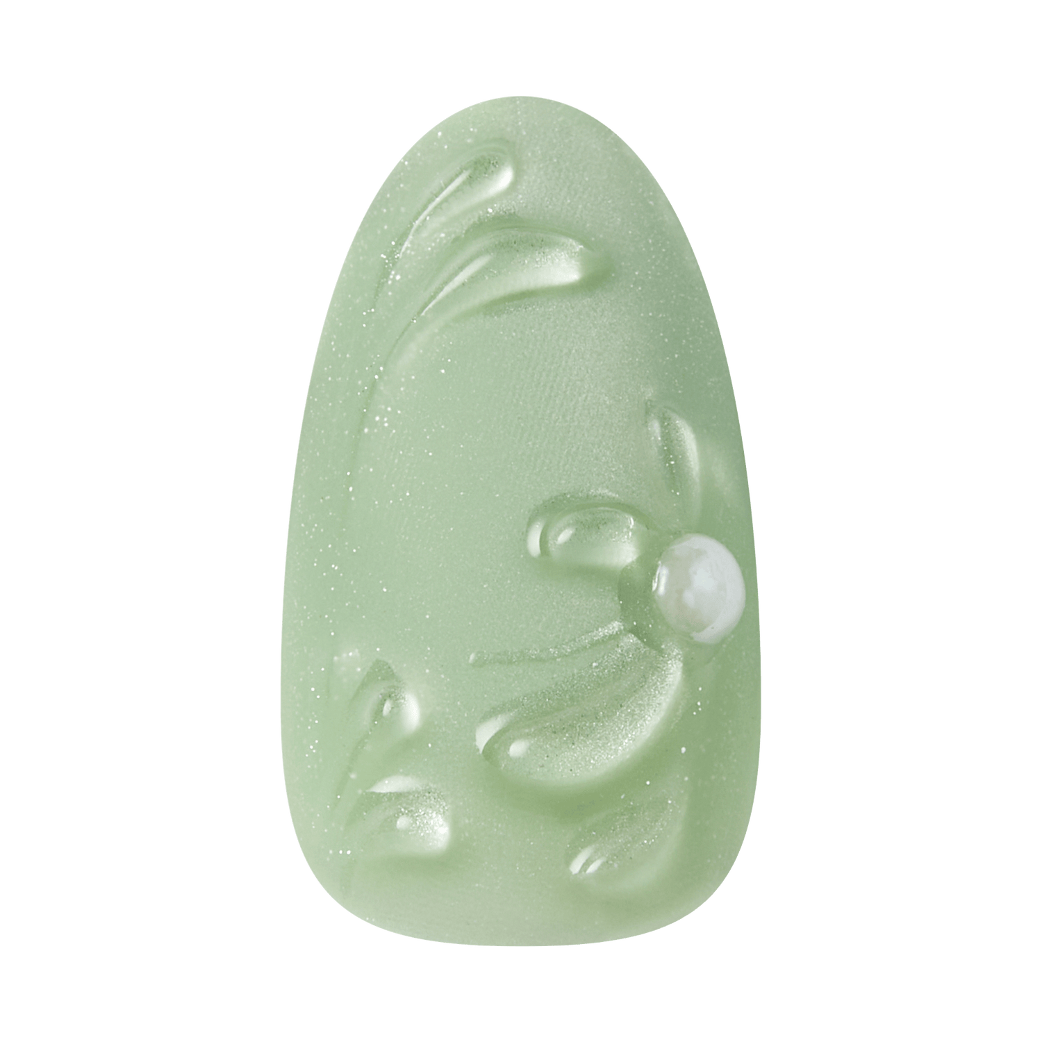 Jade carving of a serene face with water droplets and sparkles