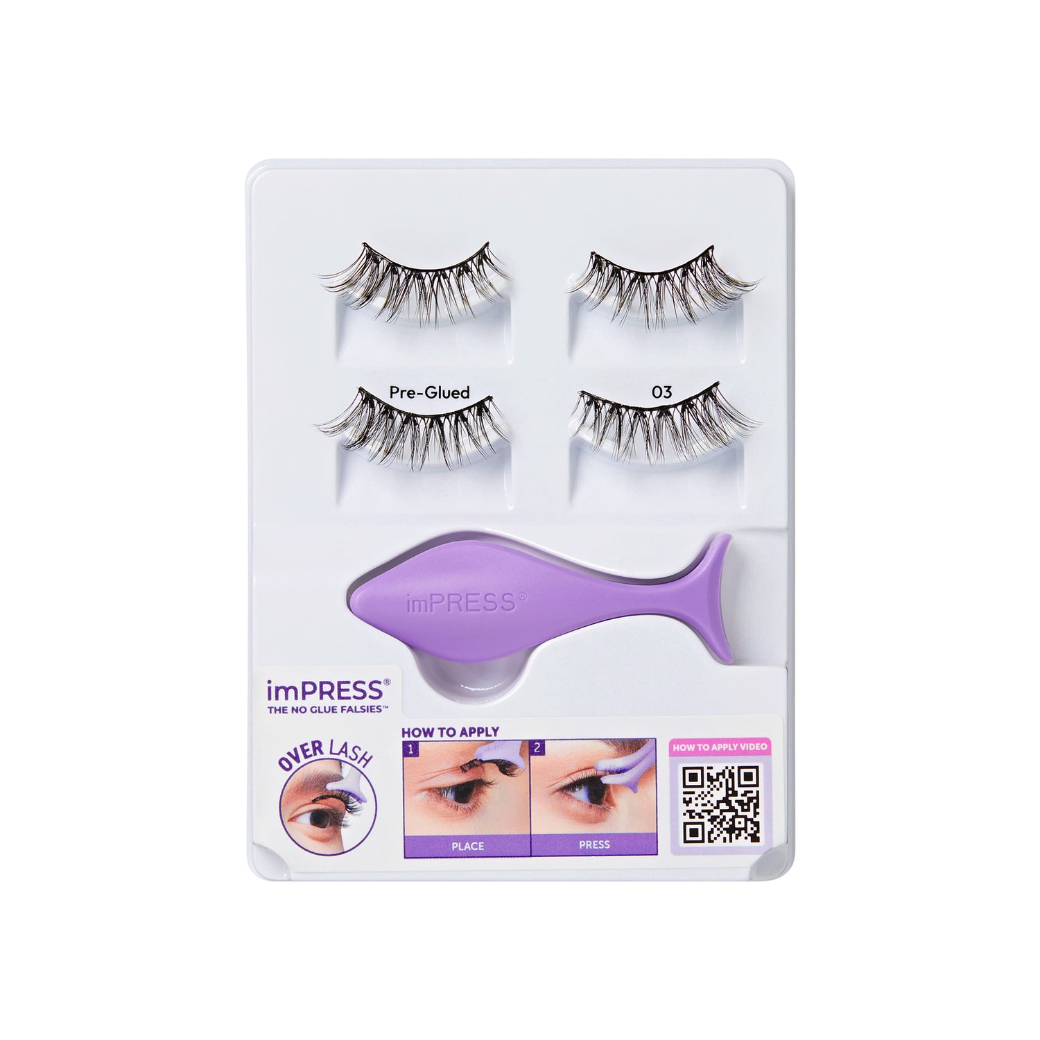 imPRESS Pre-Glued False Lashes Kit with applicator tool and application instructions