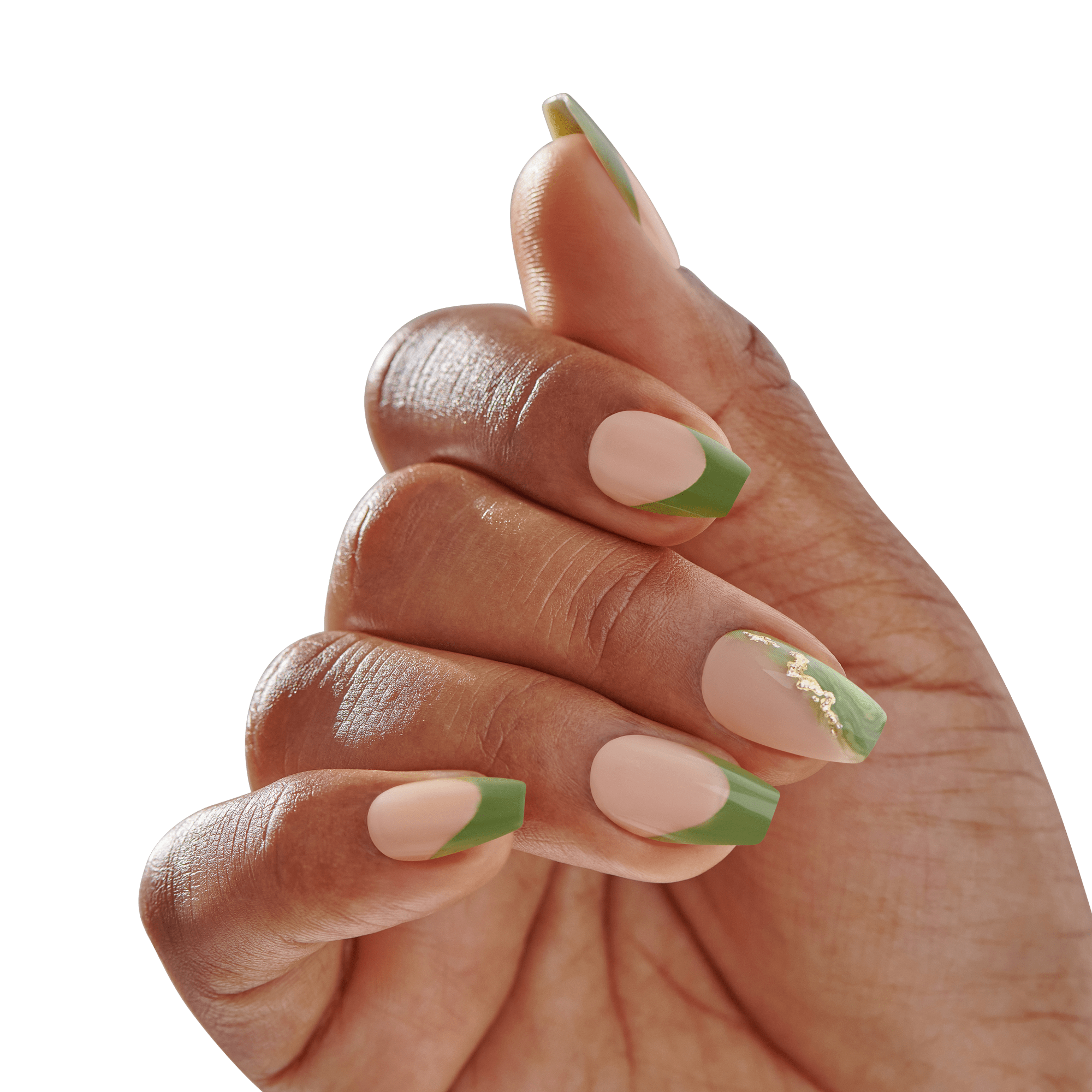The image shows a close-up of a hand with manicured nails. The nails are styled with a French manicure featuring a green tip. One of the nails has an additional decorative element: a gold, wavy line running vertically along the nail, accompanied by a green leaf-like design. The background is blurred, keeping the focus on the detailed nail art.