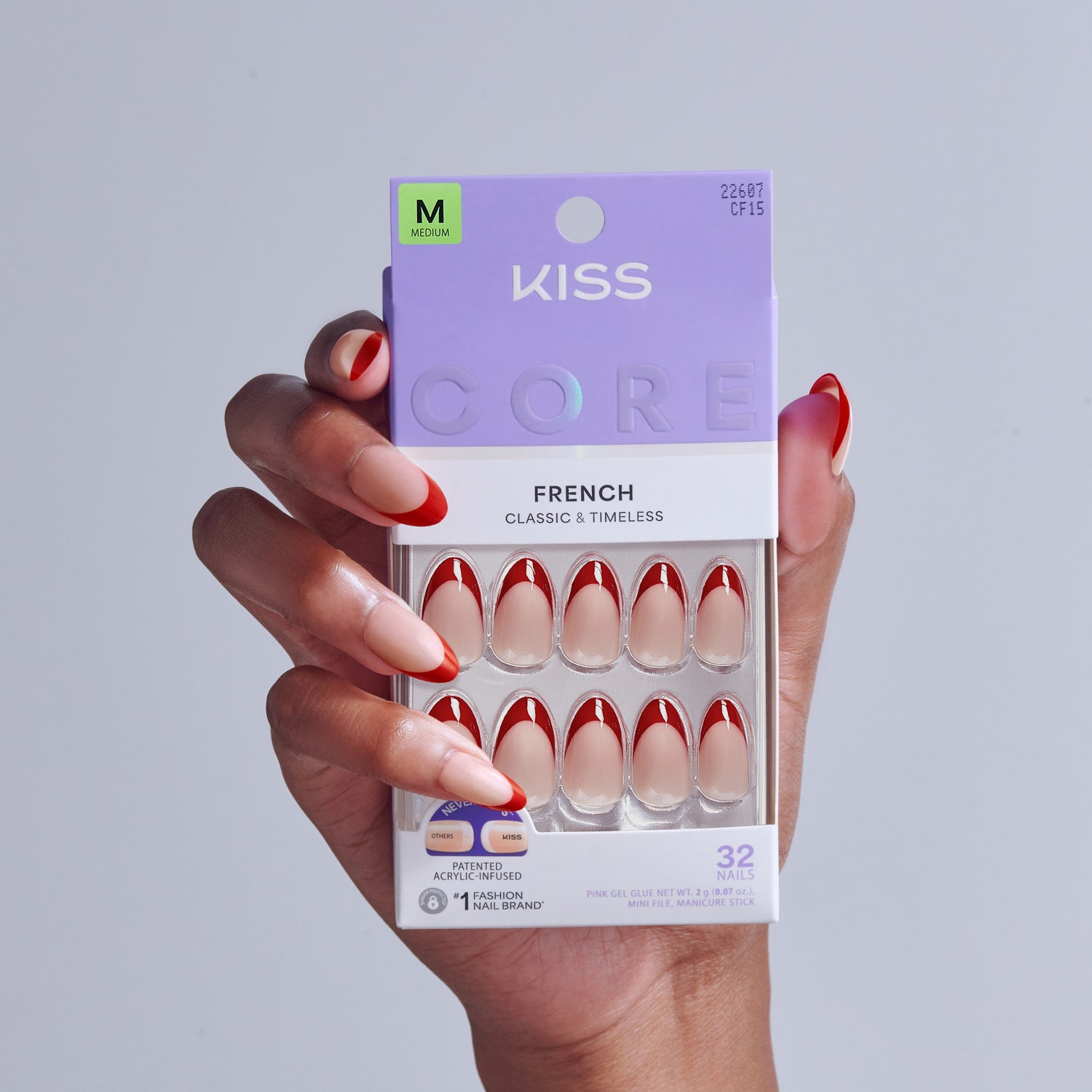 KISS Core French Classic &amp; Timeless press-on nails in red and white, size M, 32 nails.