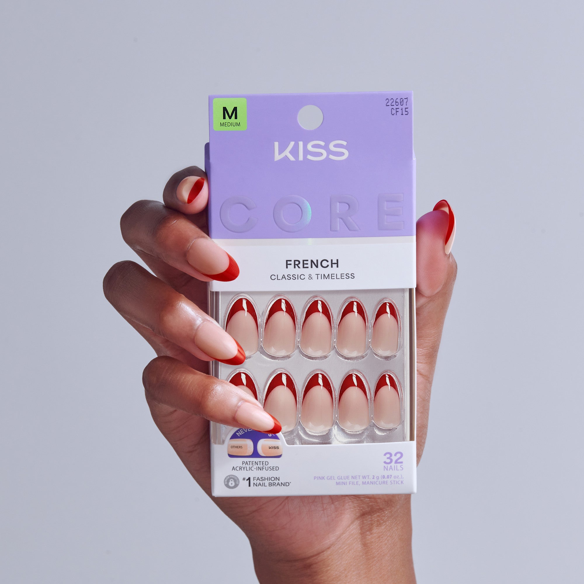 KISS Core French Classic &amp; Timeless press-on nails in red and white, size M, 32 nails.