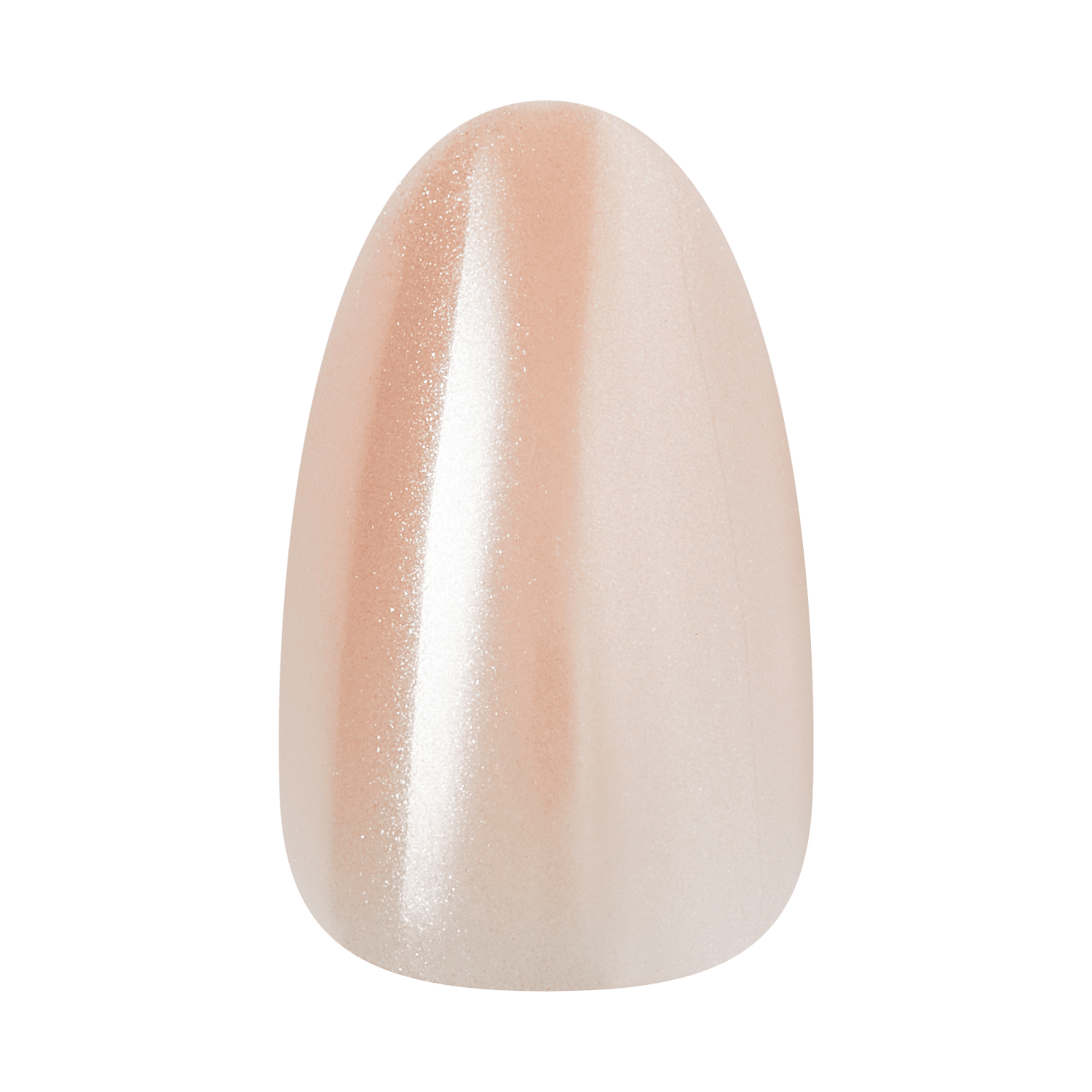 Nude pearl chrome artificial nail with oval almond shape and glossy finish.