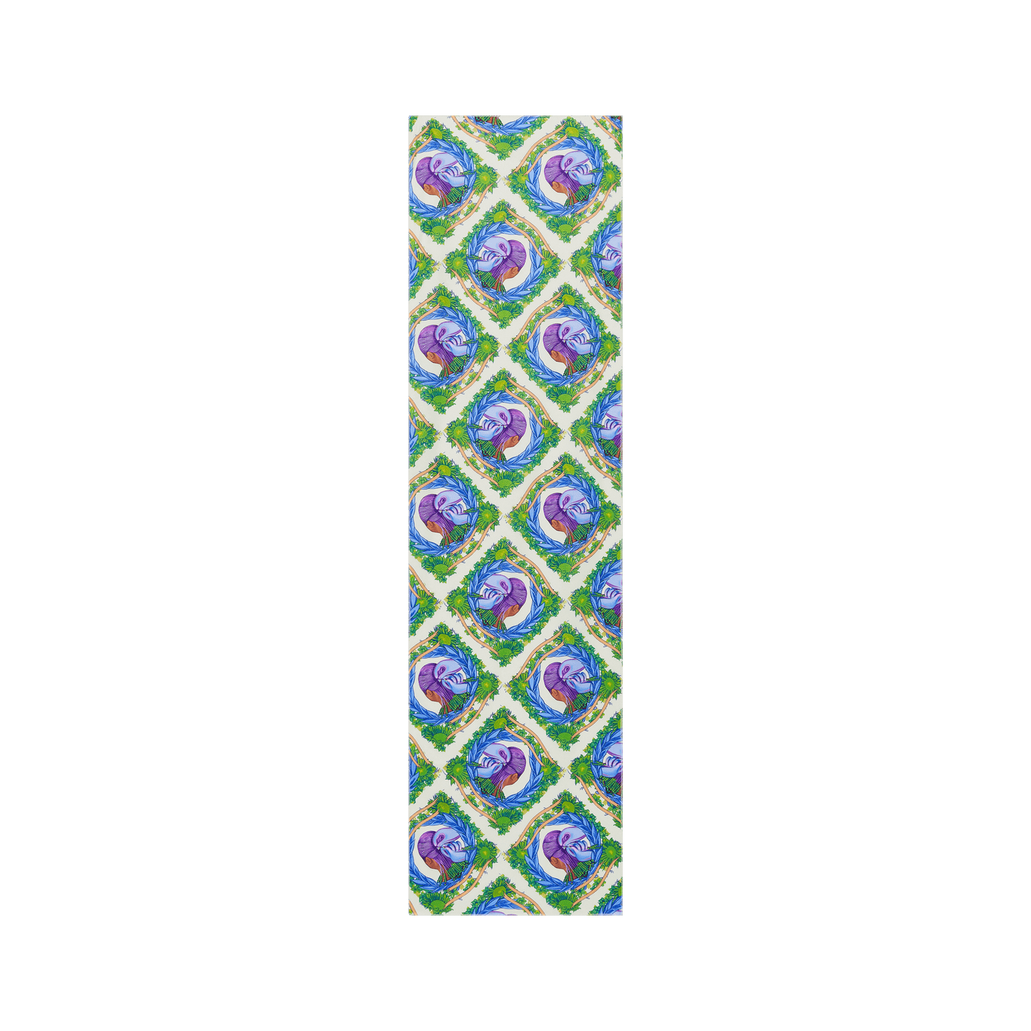 Satin wrap scarf with a repeating pattern featuring a stylized purple hand holding a red bird, framed by green leaves and blue laurels on a white background.