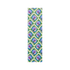 Satin wrap scarf with a repeating pattern featuring a stylized purple hand holding a red bird, framed by green leaves and blue laurels on a white background.