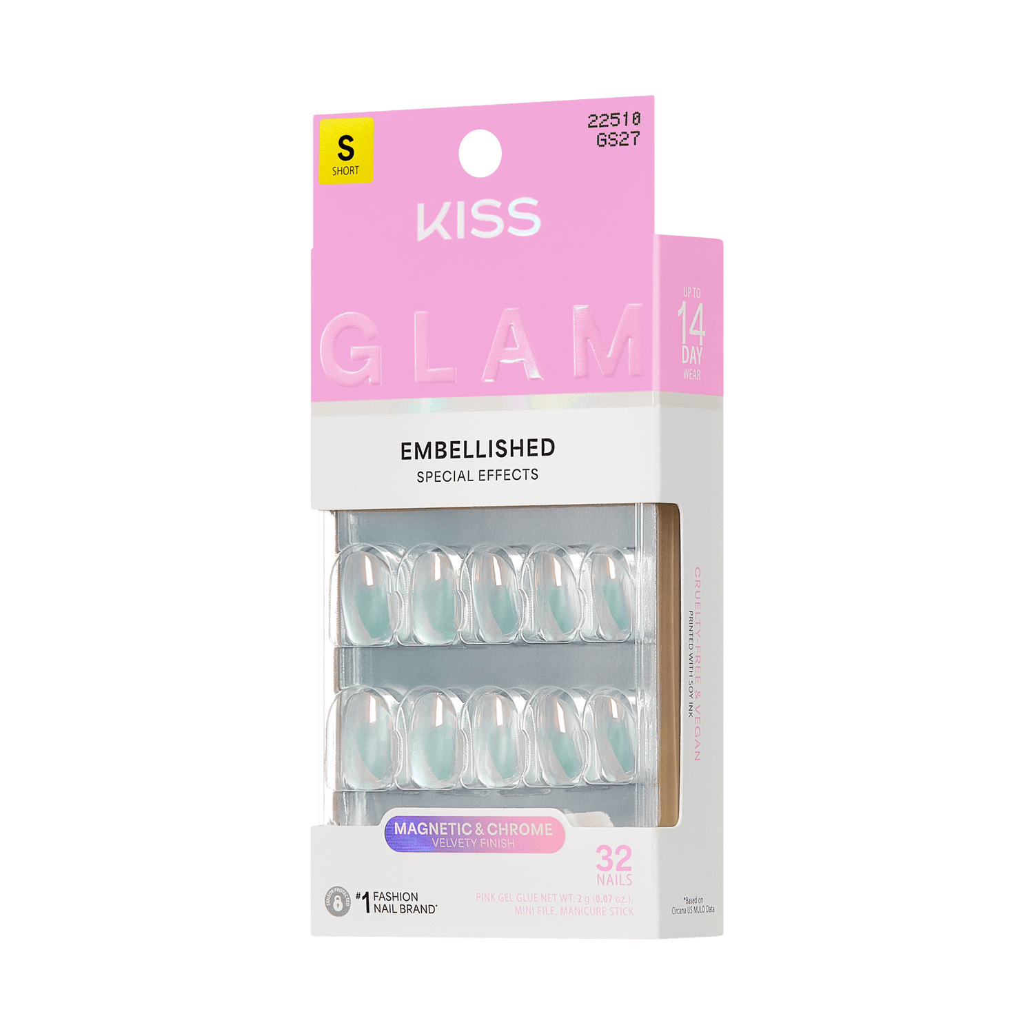 KISS Glam Embellished Magnetic &amp; Chrome Press-On Nails, 32 Count, Short Size
