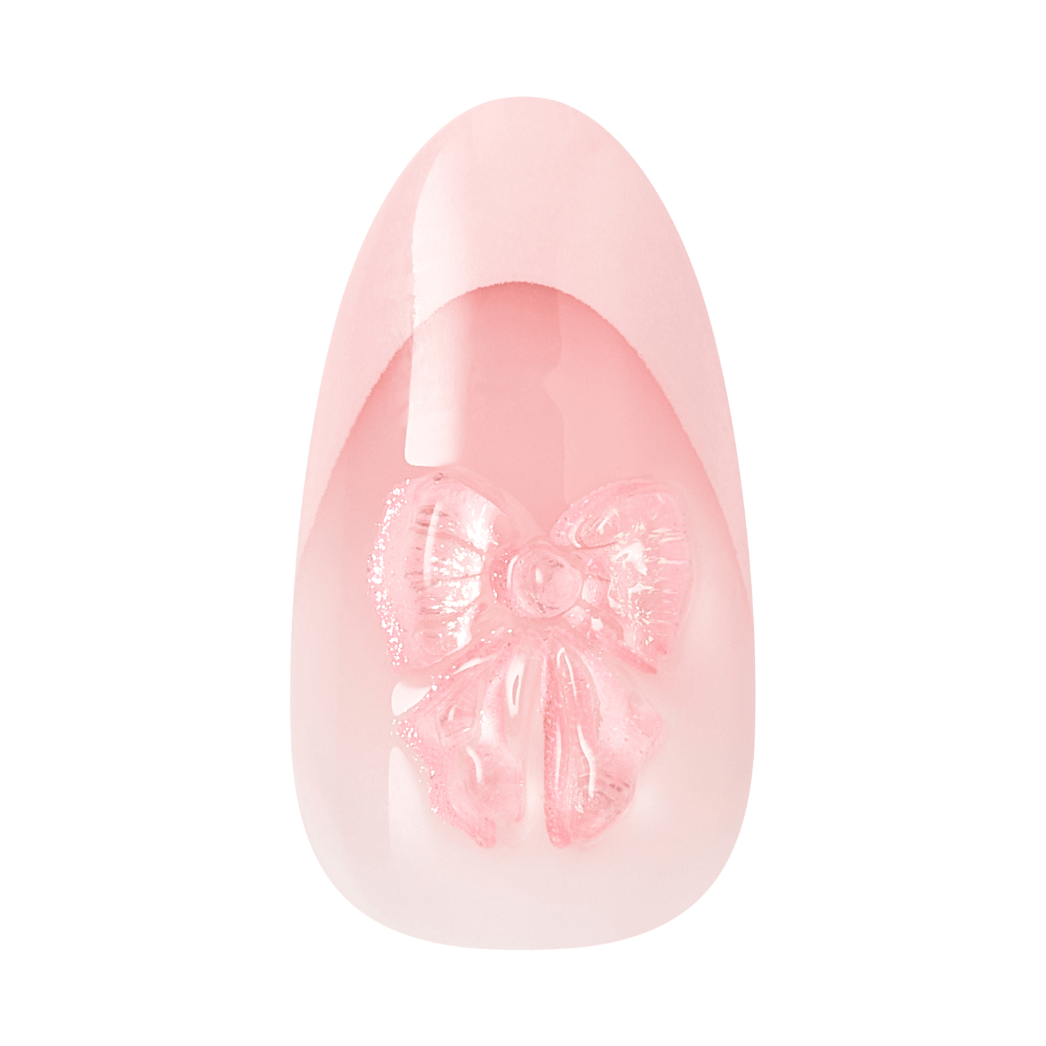 Pink almond-shaped nail with delicate floral bow design and glitter accents.