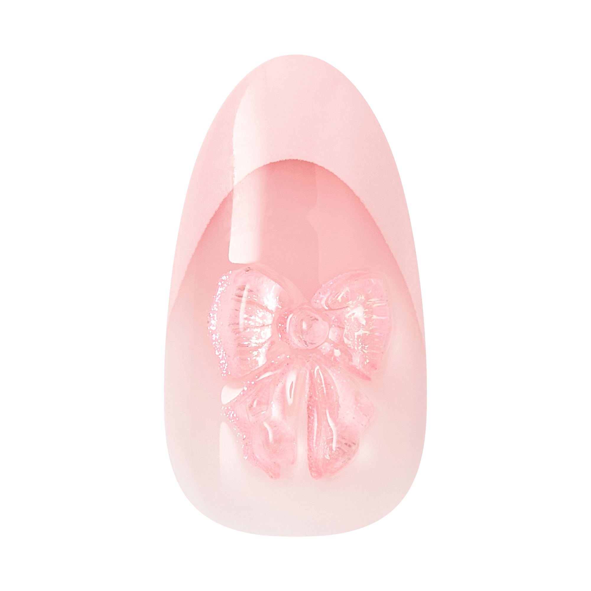 Pink almond-shaped nail with delicate floral bow design and glitter accents.