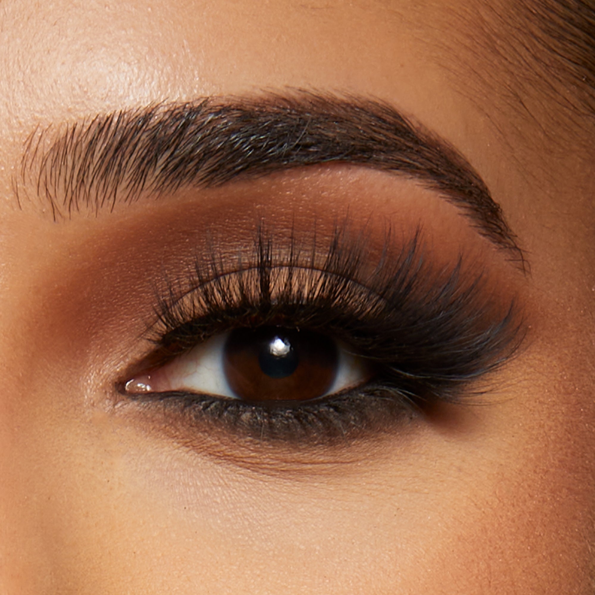 Close-up of a brown eye with thick, voluminous false eyelashes and smoky brown eyeshadow showcasing the Lash Couture Masterpiece Lash - Pret-A-Porter style.