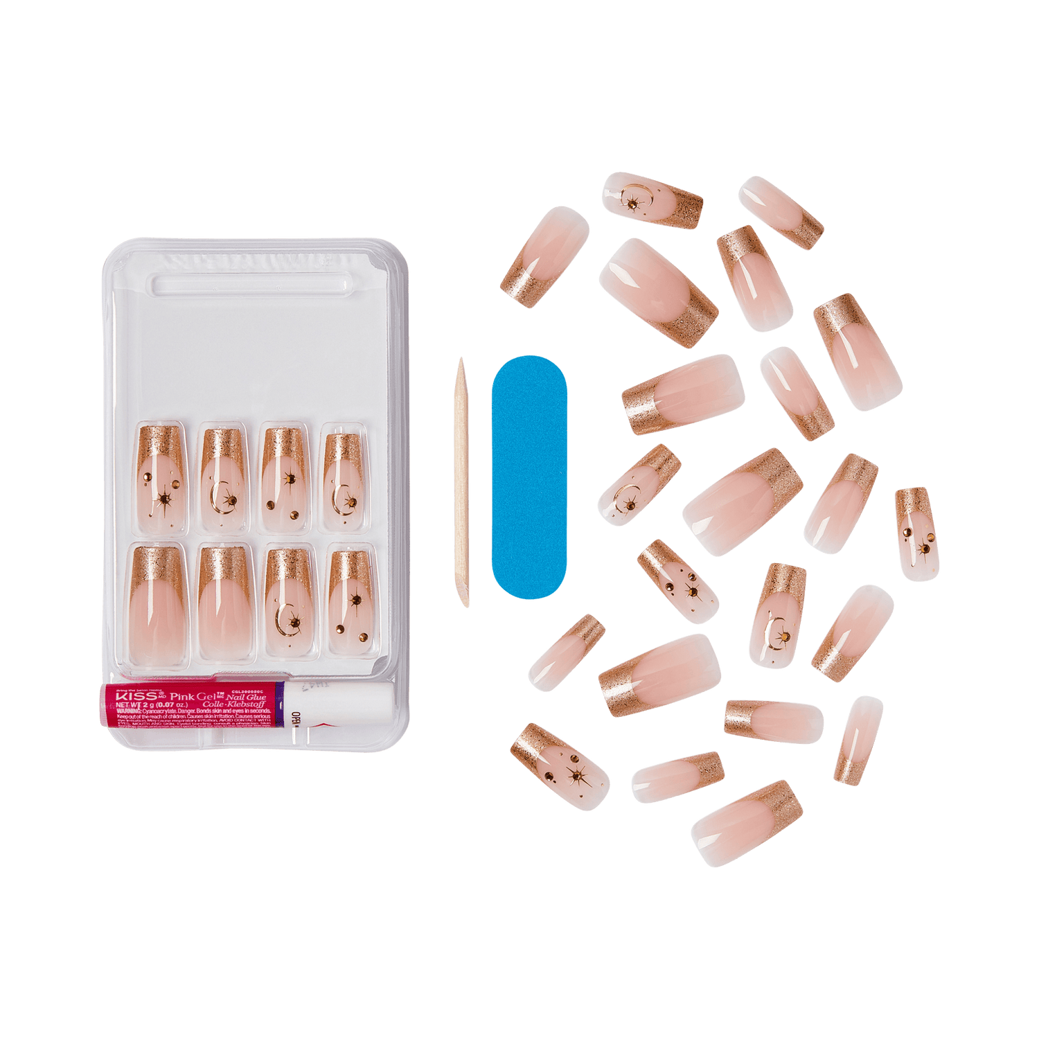 KISS Pink Gel nail kit with rose gold glitter tips, nail file, and adhesive gel.
