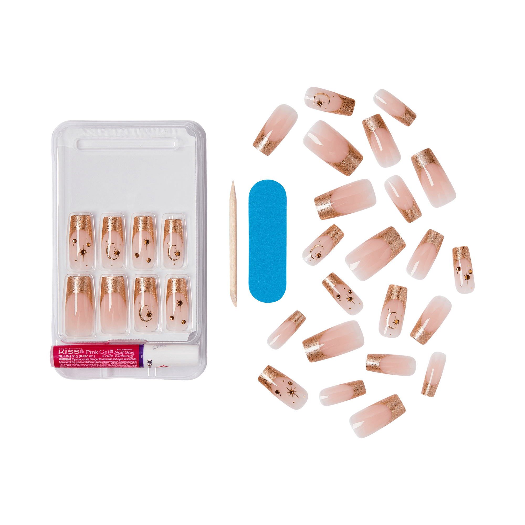 KISS Pink Gel nail kit with rose gold glitter tips, nail file, and adhesive gel.