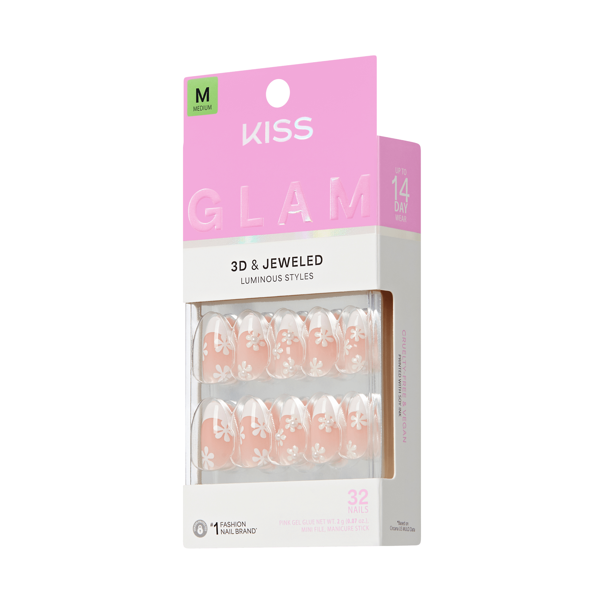 Kiss Glam Jeweled Press On Fake Glue Nails - Crystal Bloom | 3D &amp; Jeweled French Design, White, Medium, Almond