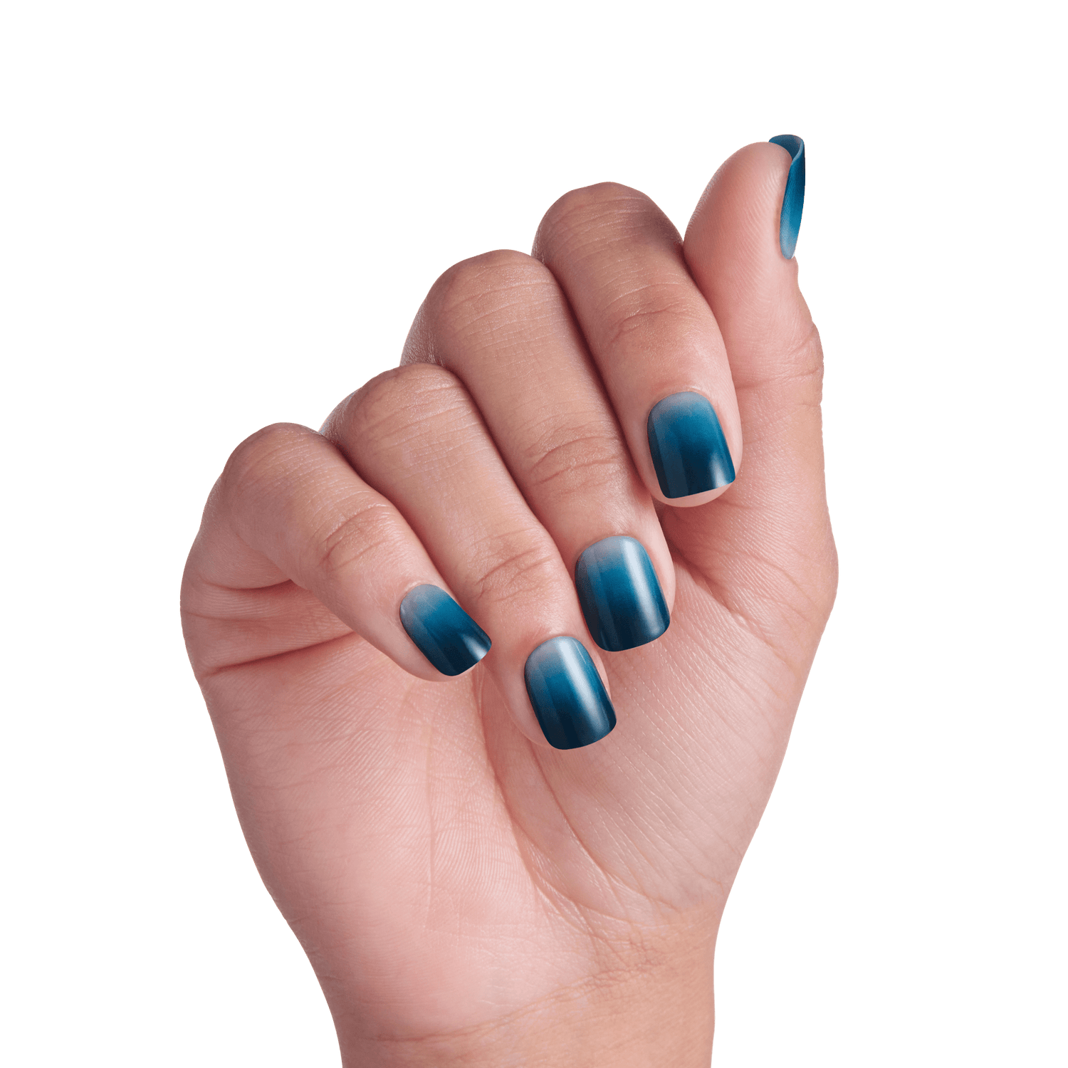 Hand displaying deep blue nail polish manicure against white background.