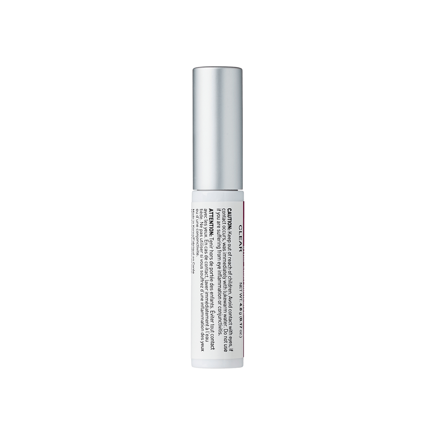 Clear skin-care serum bottle with silver cap and white label