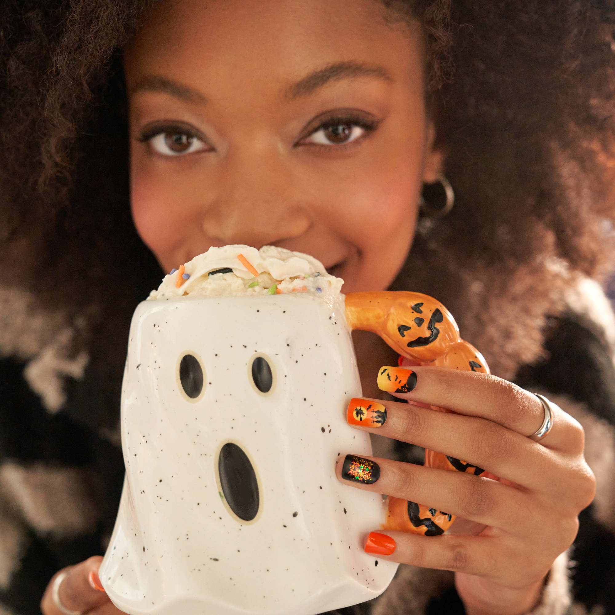 Impress Design Halloween No Glue Fake Press On Nails - Eternal Night | Design, Orange &amp; Black, Short, Squoval, Glow In The Dark, Manicure