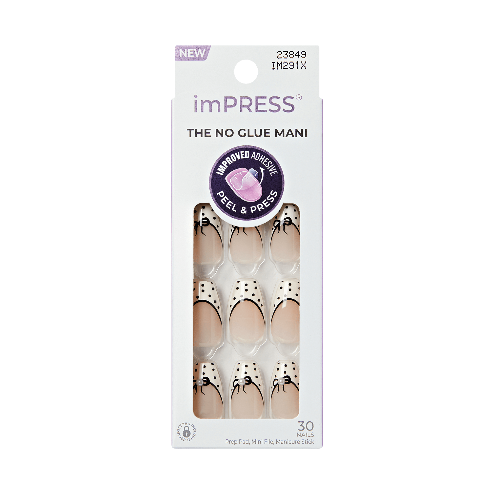 Impress Design No Glue Fake Press On Nails - Leafy | French Design, Black &amp; White, Medium, Coffin, Manicure