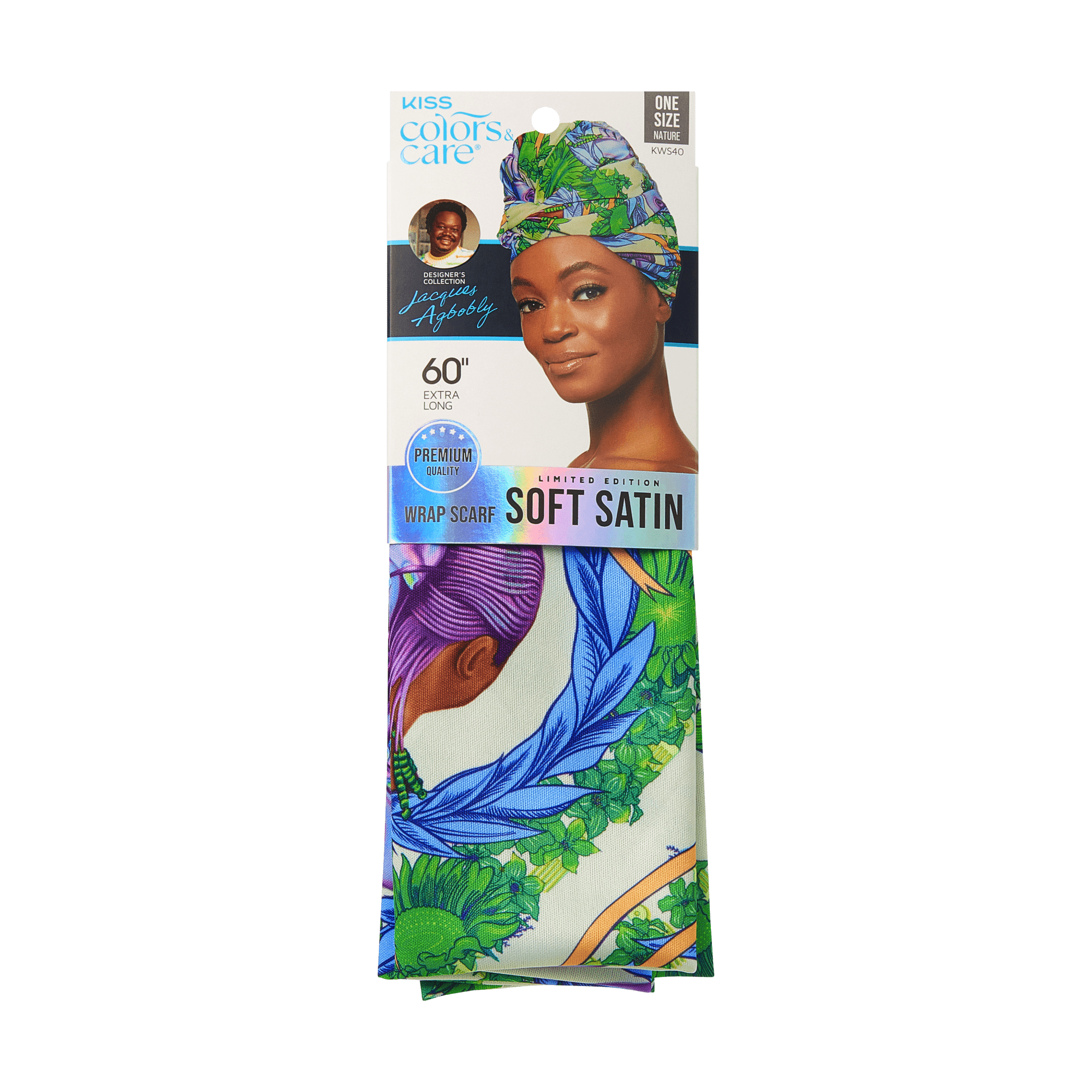 KISS Colors &amp; Care Limited Edition BIFC satin wrap scarf in vibrant green, blue, and purple nature print, packaged with designer Jacques Agbobly’s photo.