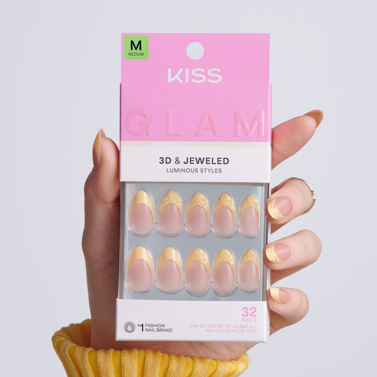 Kiss Glam Jeweled Press On Fake Glue Nails - Gleam Catcher | 3D &amp; Jeweled French, Yellow, Medium, Almond