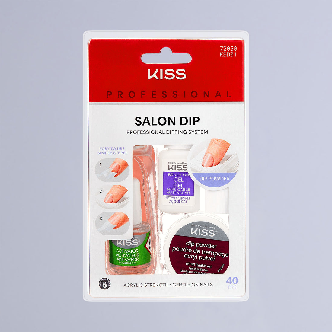 KISS Salon Dip Professional Dipping System packaging with brush-on gel, activator, dip powder, and 40 nail tips, showing easy 3-step use instructions.