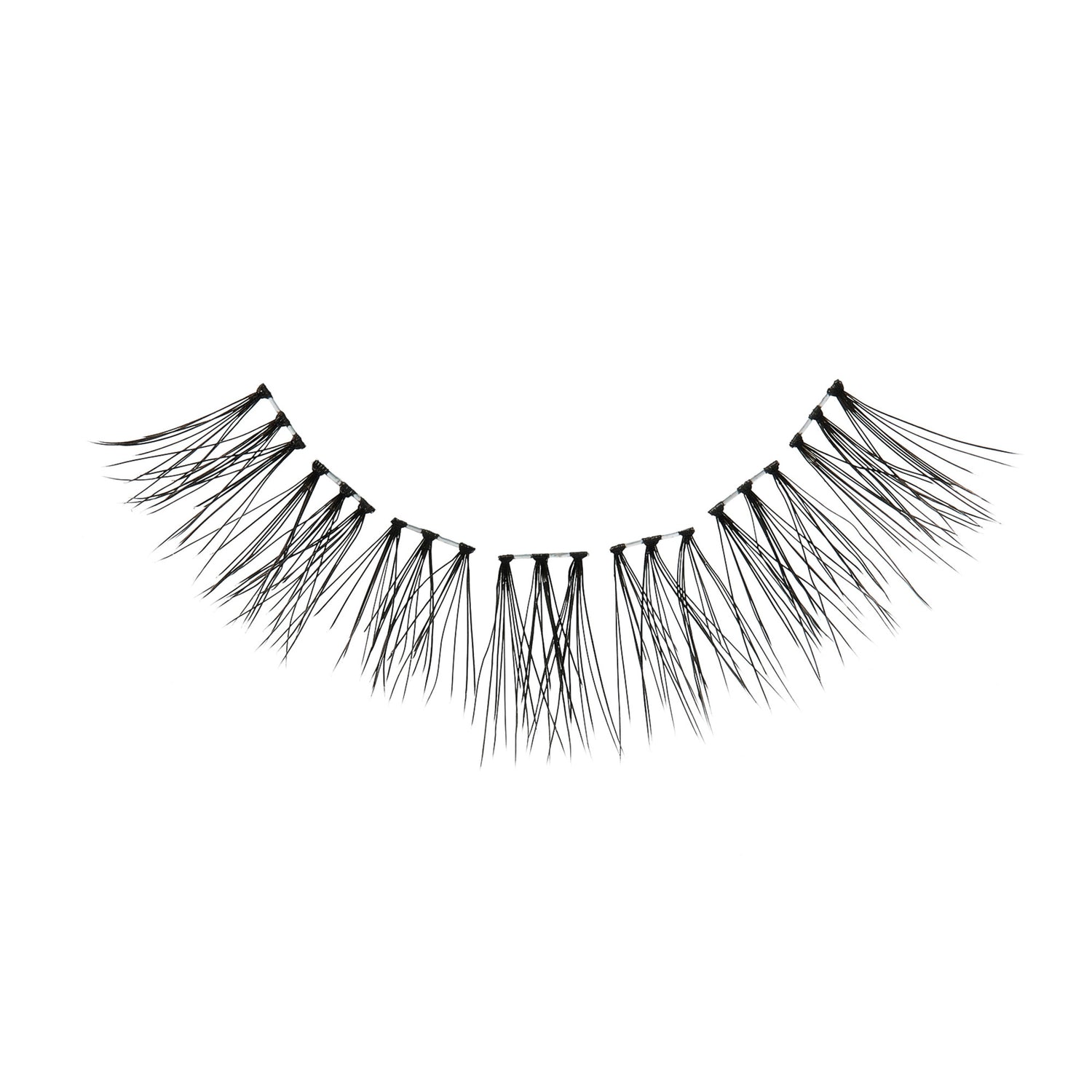 Single strip of medium-length, sparse black false eyelashes with a natural, wispy look, shown against a white background.