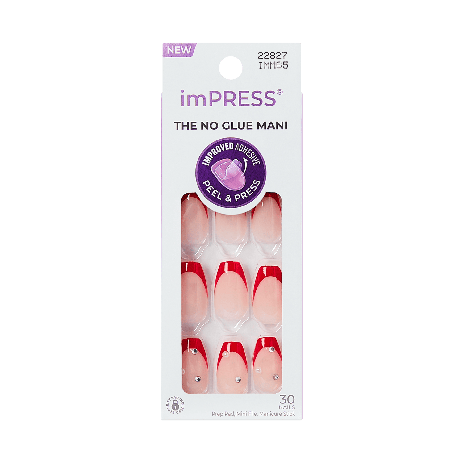 imPRESS The No Glue Mani press-on nails, red and white ombre with rhinestones