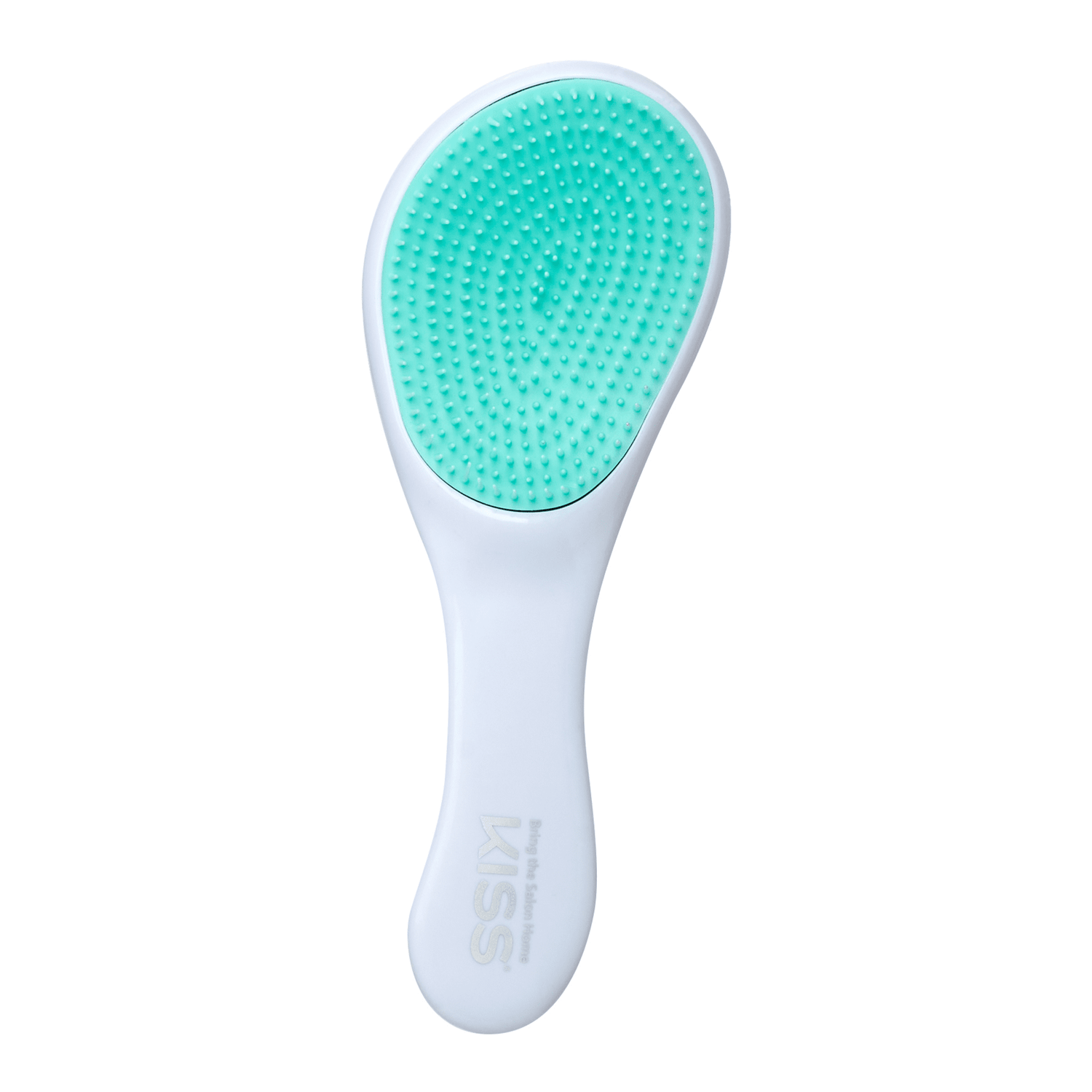 White detangler brush with a curved ergonomic handle and a turquoise rubber bristle pad, branded with \