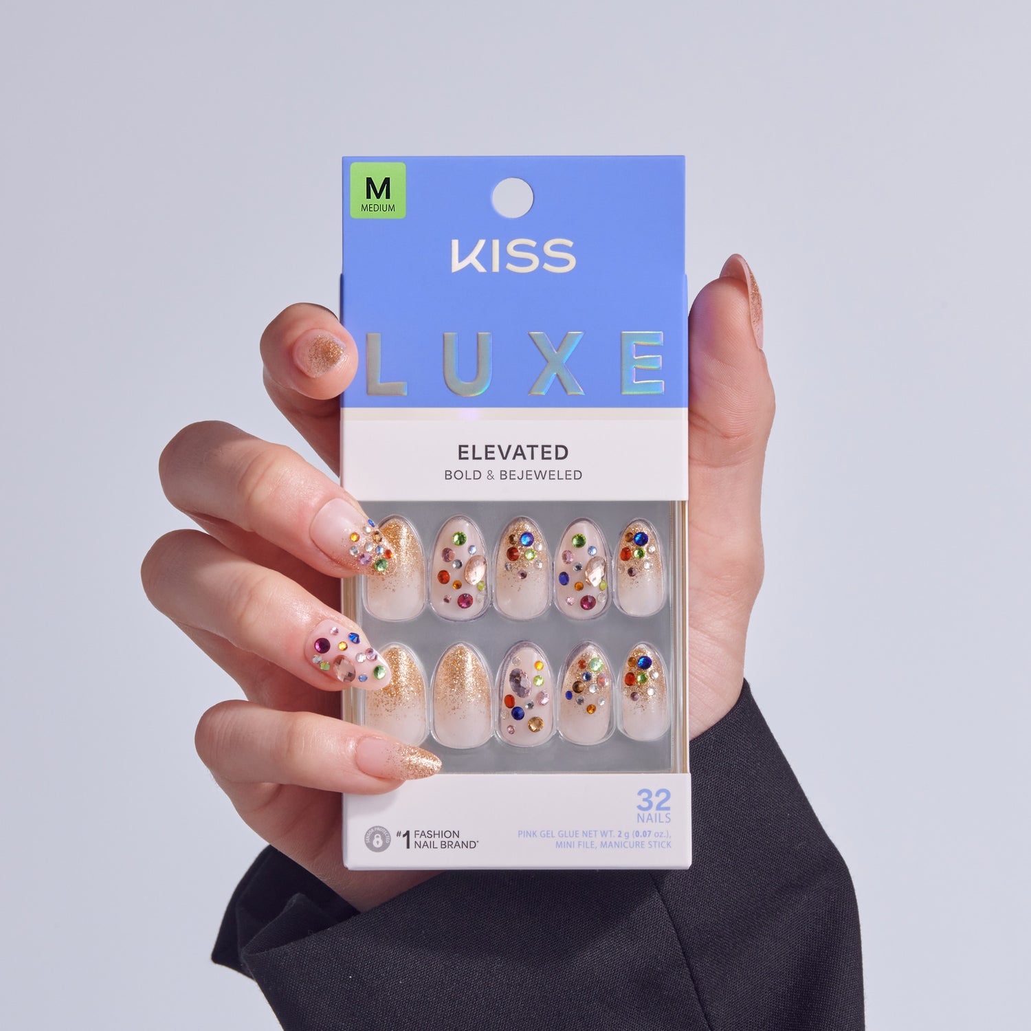 KISS Luxe Elevated press-on nails in Medium size with jeweled gold and multicolor designs.