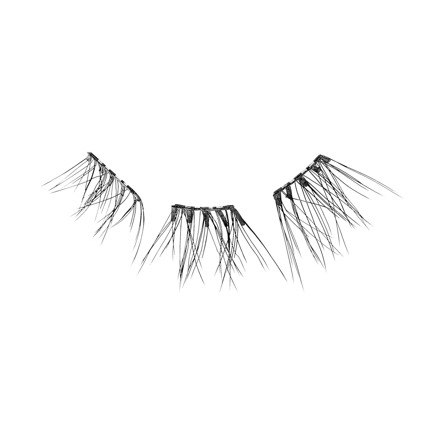 The image shows a pair of false eyelashes. The eyelashes are black and appear to be made of synthetic fibers. They are designed to be applied to the upper eyelid to enhance the appearance of natural eyelashes, making them look fuller and longer. The lashes are arranged in a curved shape to fit the natural contour of the eye.