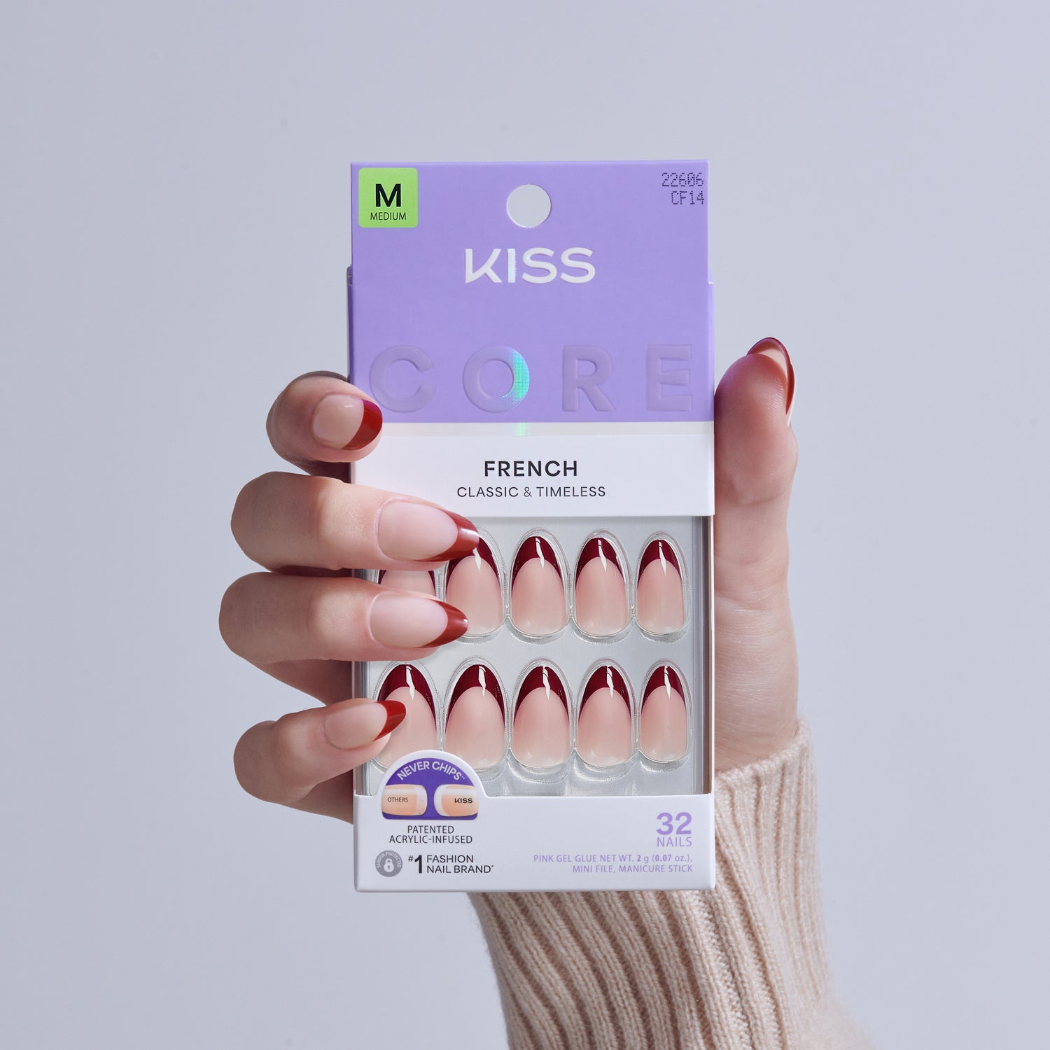 KISS Core French Classic &amp; Timeless fake nails in Medium size with burgundy and nude ombre design