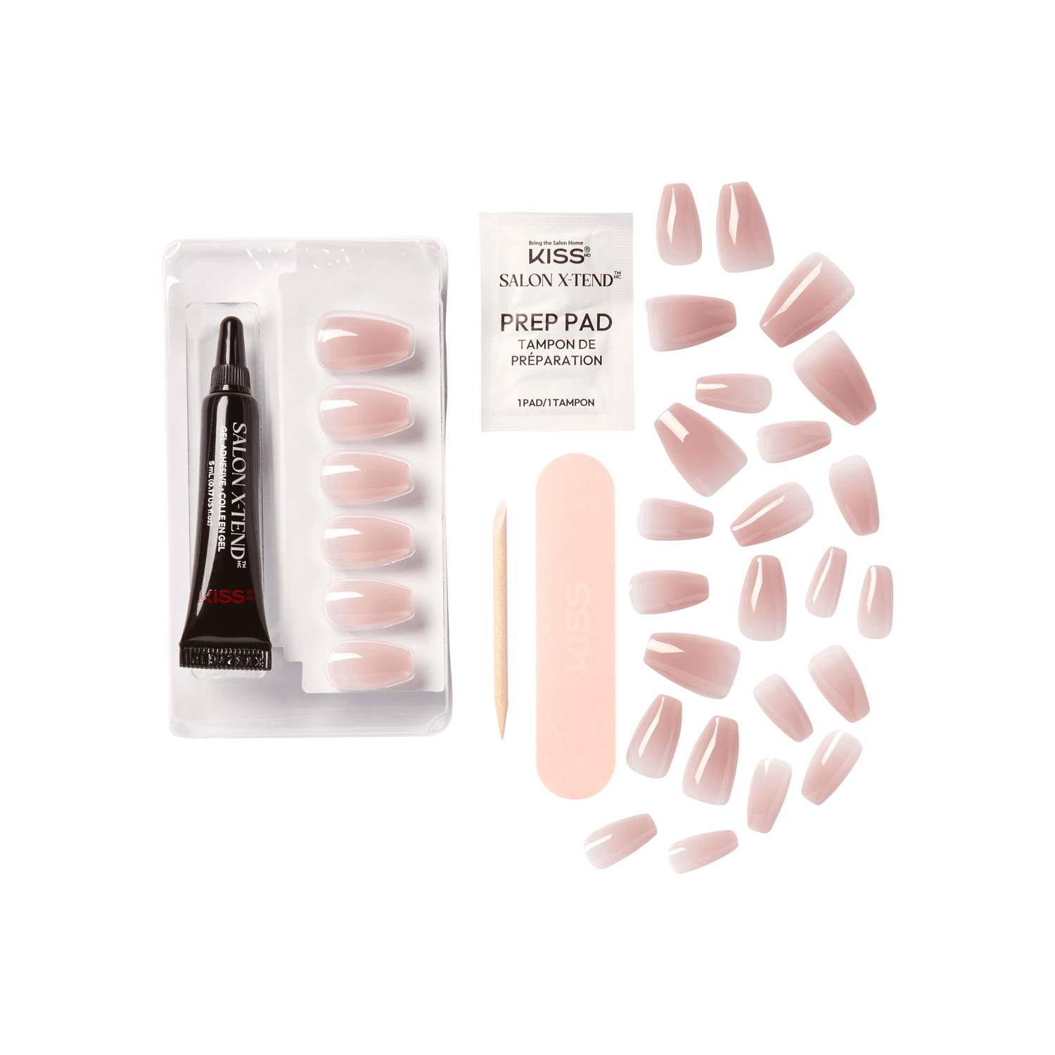 The image displays a set of artificial nails and related accessories. The set includes:

1. A collection of pink, almond-shaped artificial nails in various sizes.
2. A tube of adhesive glue for attaching the nails.
3. A prep pad for nail preparation.
4. A small wooden stick, likely for cuticle care.
5. A nail file for shaping and smoothing the artificial nails.

The items are arranged neatly, showcasing the contents of the nail kit.