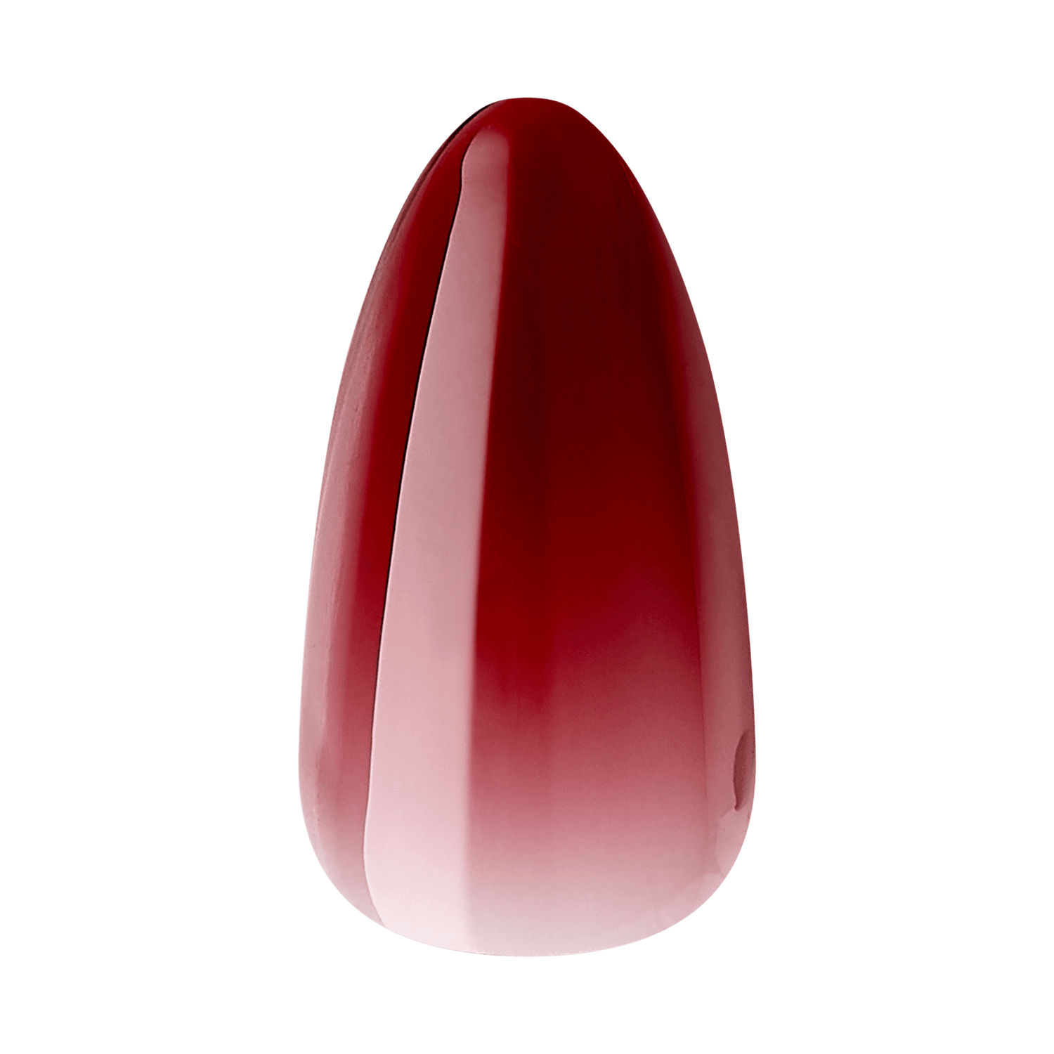 The image shows a smooth, elongated, and tapered object with a glossy finish. The object has a gradient color scheme, transitioning from a deep red at the top to a lighter pinkish hue towards the bottom. The surface appears reflective, indicating a polished or lacquered material. The overall shape is reminiscent of a teardrop or a cone with rounded edges.