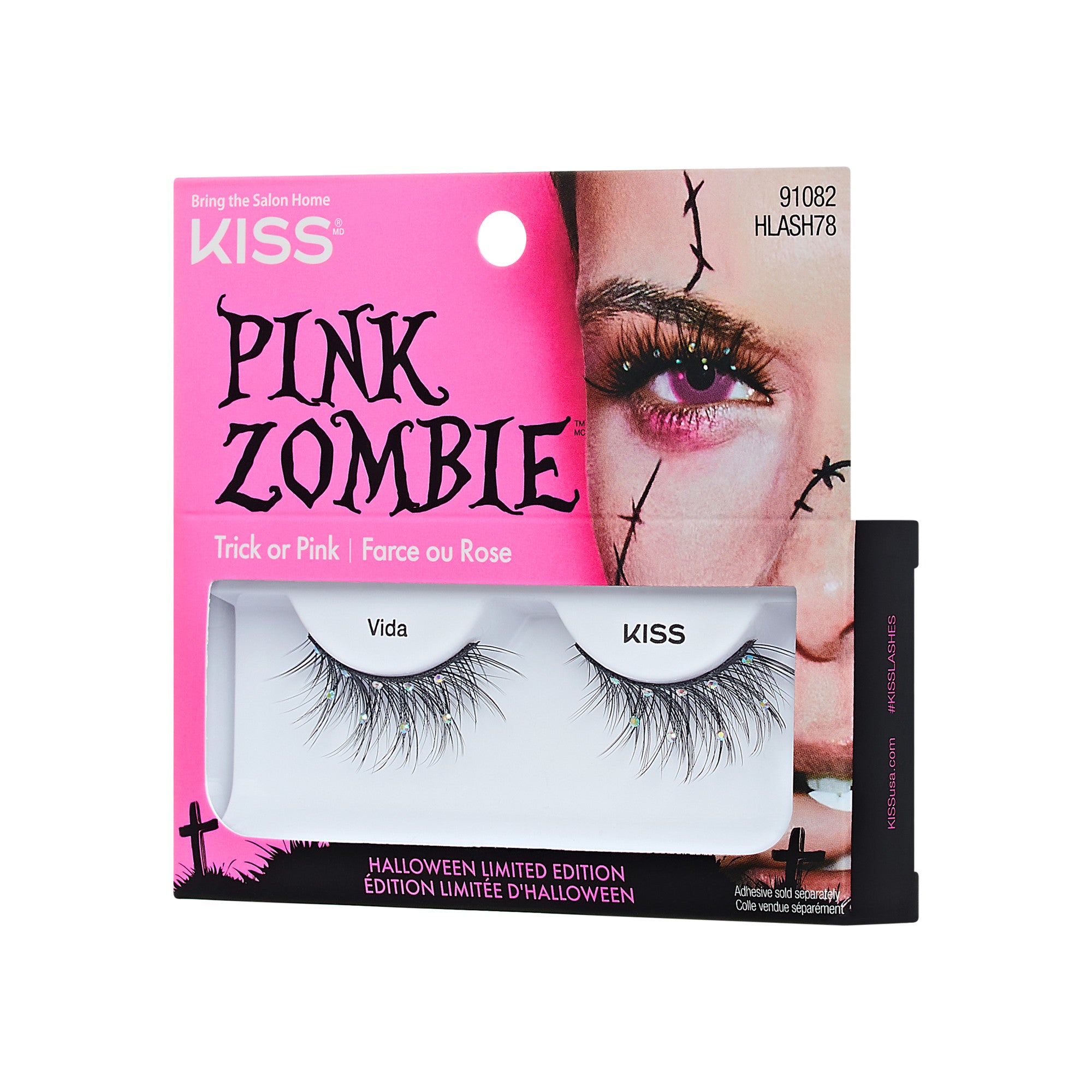 KISS Pink Zombie Halloween false lashes in Vida style with pink packaging
