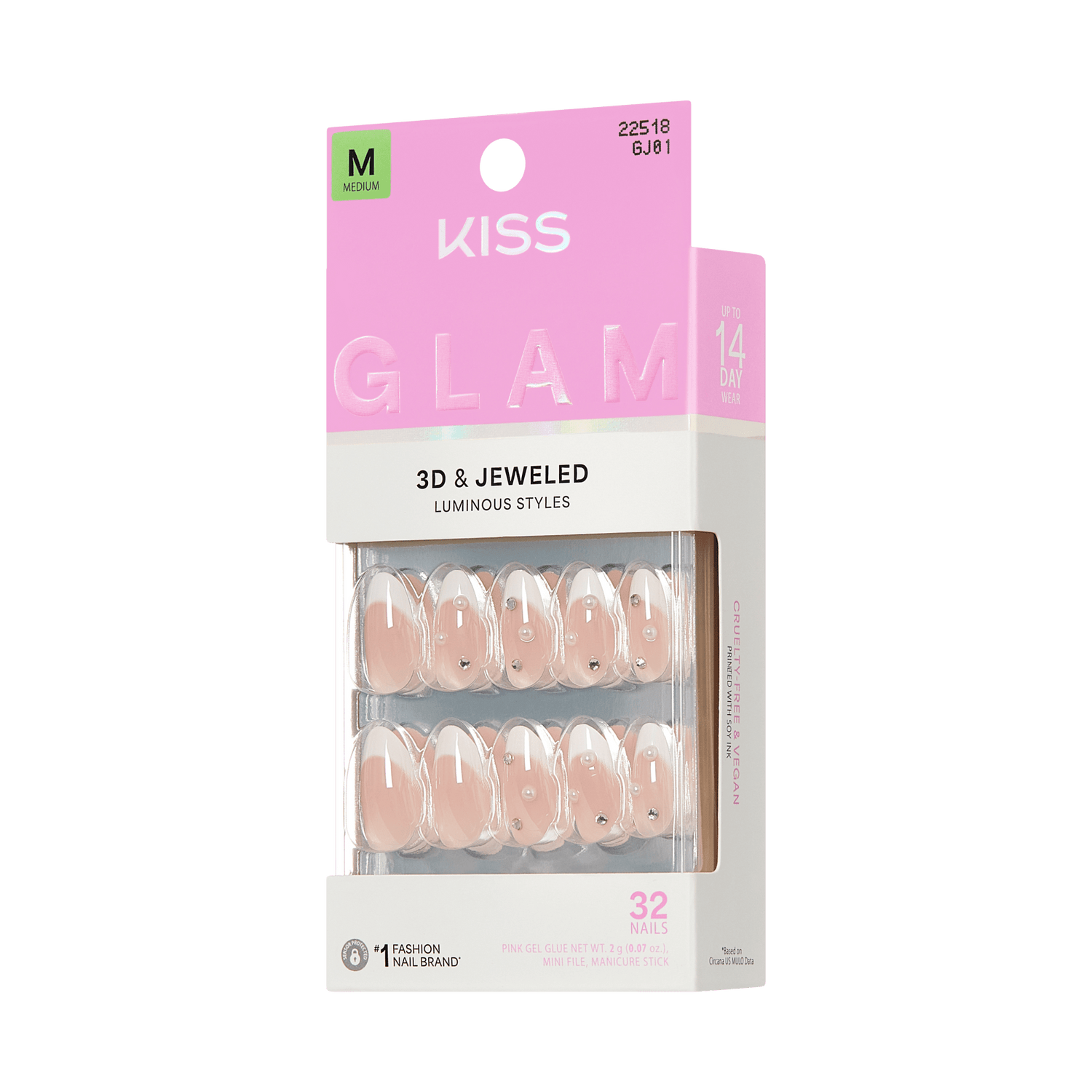 KISS Glam 3D &amp; Jeweled Luminous Nude Press-On Nails, Medium, 32 Count