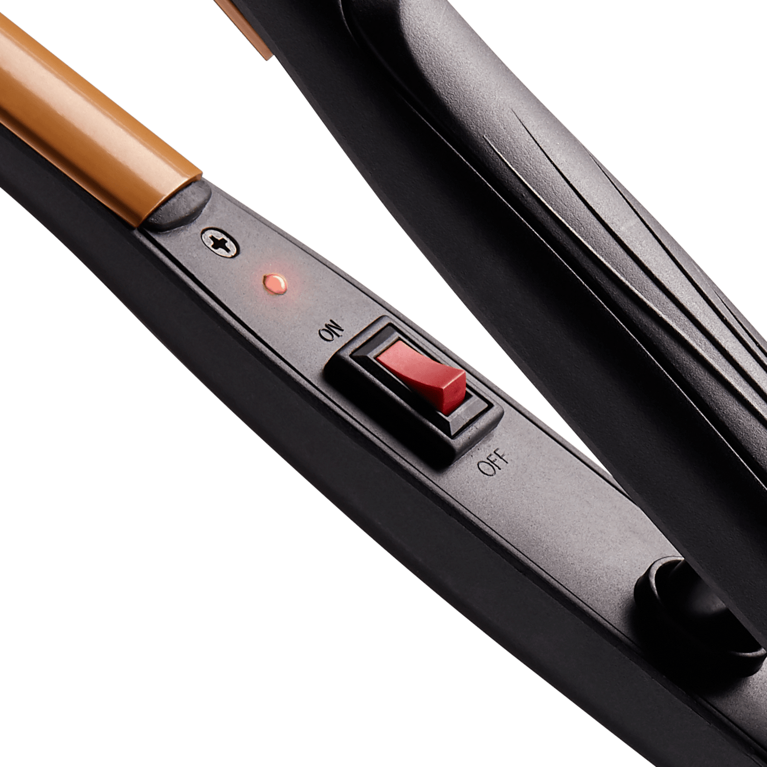 Close-up view of a black and gold KISS Tourmaline Ceramic Flat Iron featuring a red on/off switch with a small glowing orange indicator light next to the \