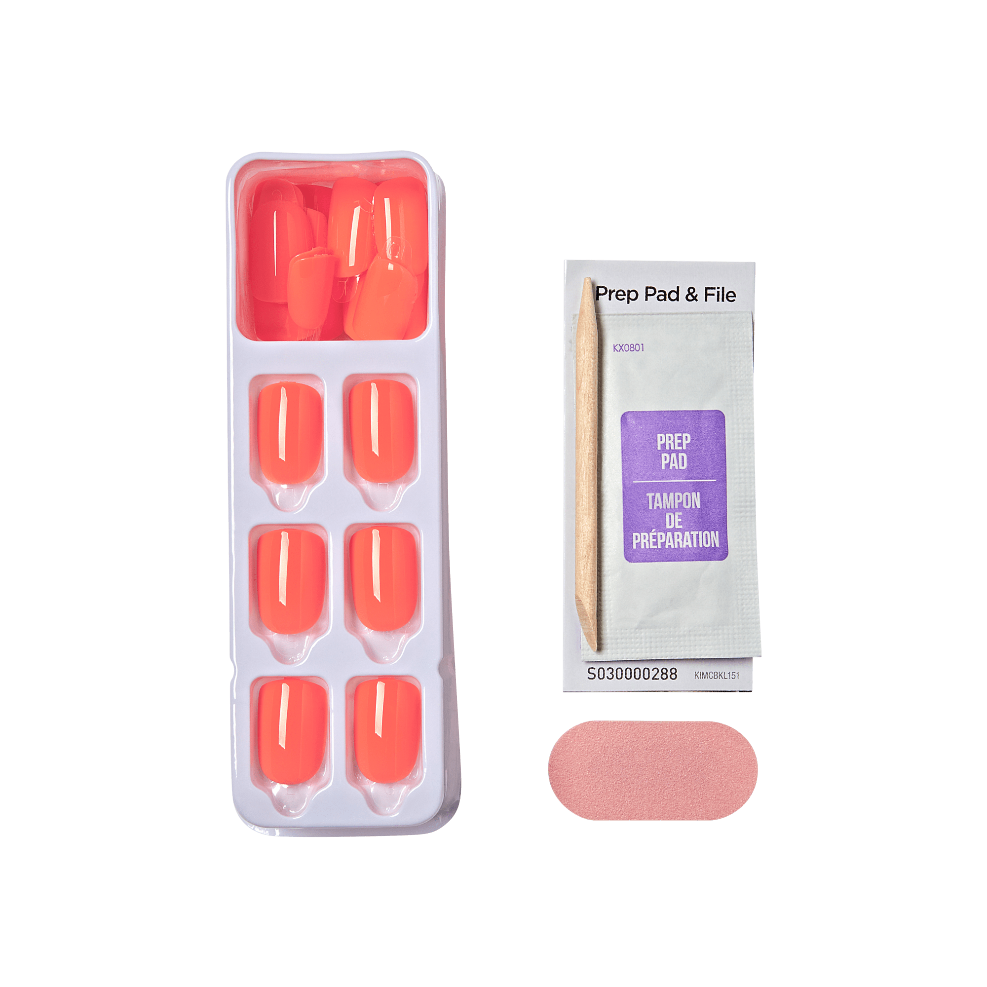 The image features a set of artificial nails in a light coral color, arranged in a plastic tray with six nail pieces. Next to the tray is a small packet labeled "Prep Pad &amp; File," which contains a prep pad and a nail file. The prep pad is used for cleaning the natural nails before application, while the file is for shaping the artificial nails. The overall presentation suggests a manicure kit designed for easy application of press-on nails.