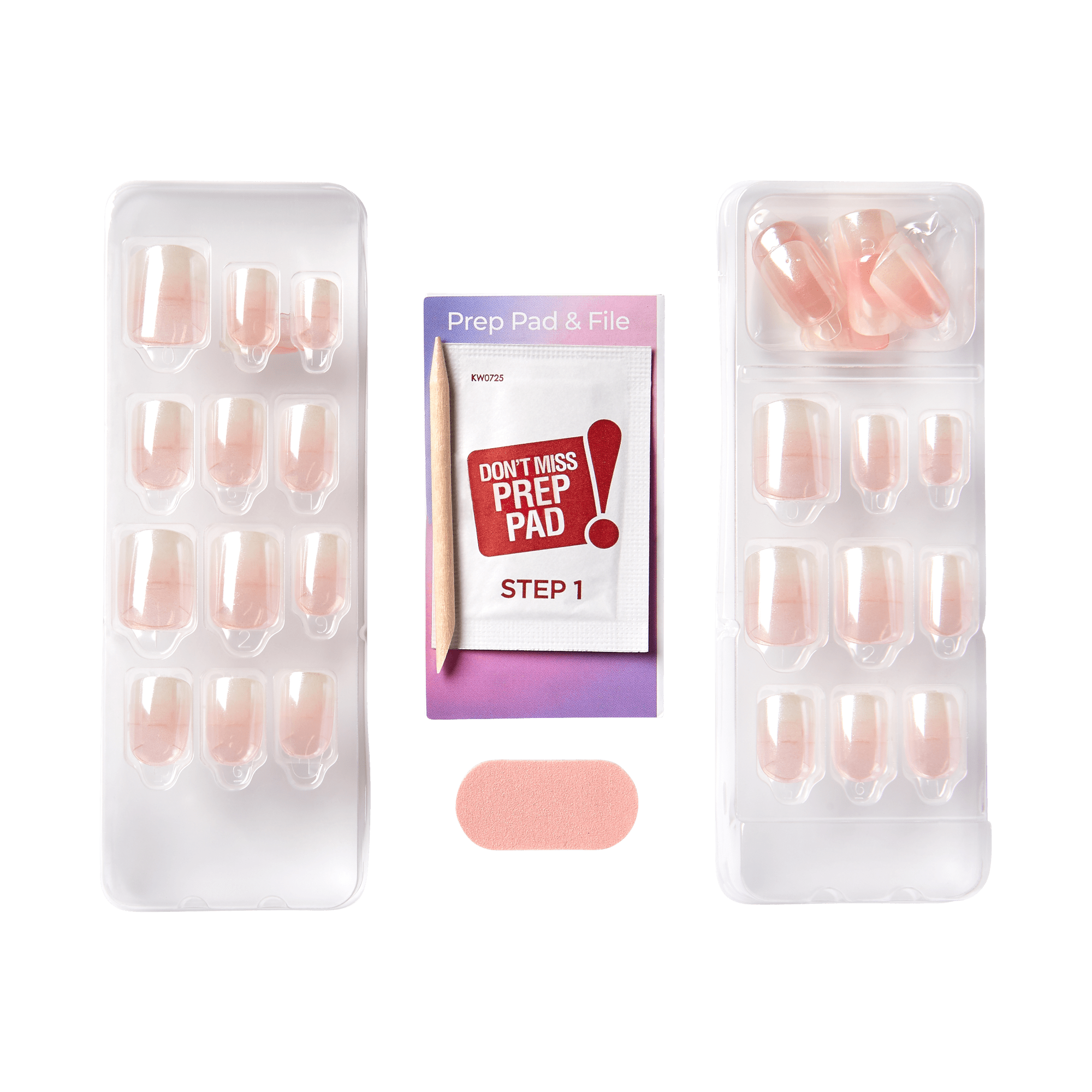 The image shows a set of artificial nails and nail preparation tools. There are two plastic trays, each containing a set of artificial nails in various sizes. The nails are a light pink color. Between the trays, there is a small packet labeled "Prep Pad &amp; File" with the instruction "Don&