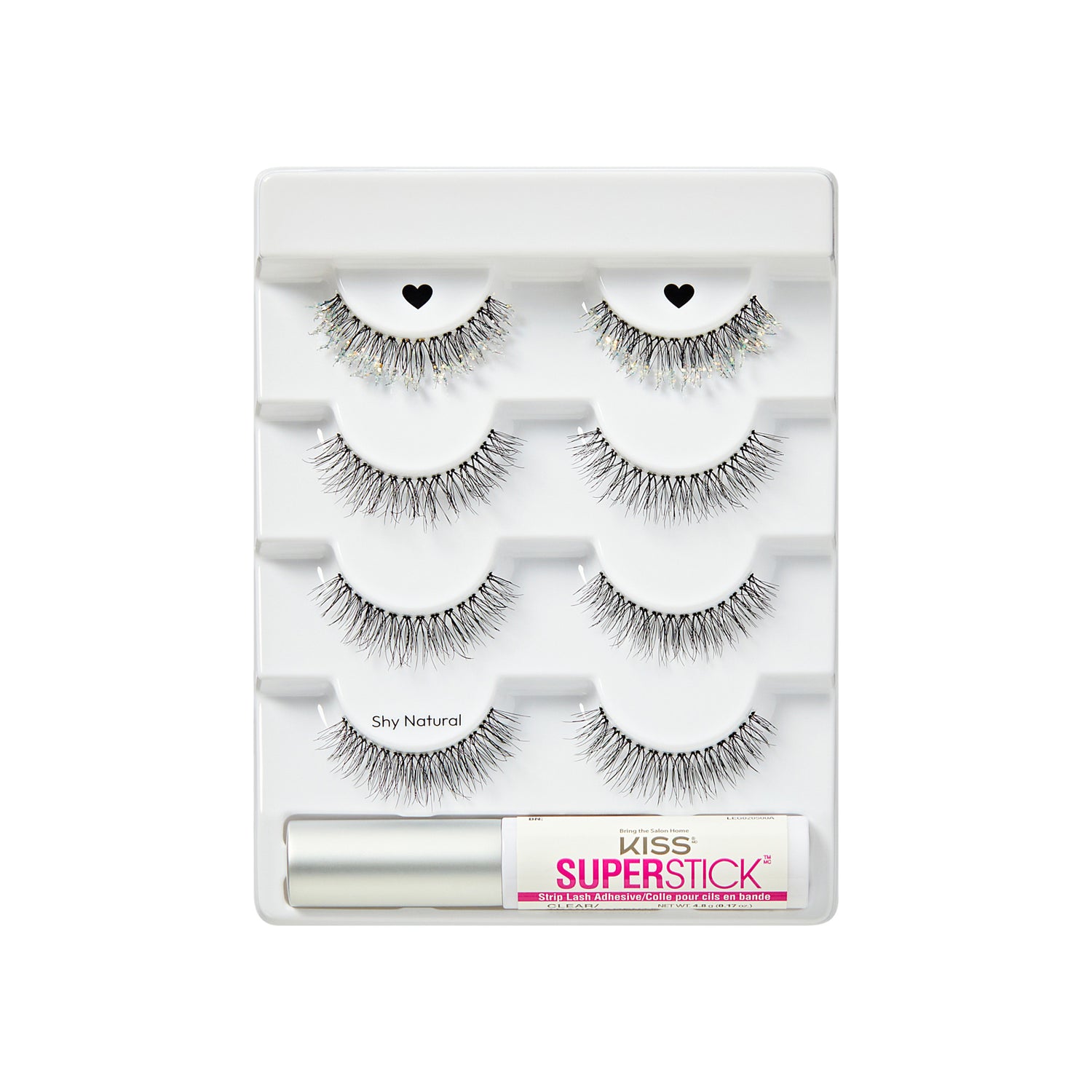 KISS Superstick false eyelash kit with adhesive and 4 pairs of Shy Natural lashes