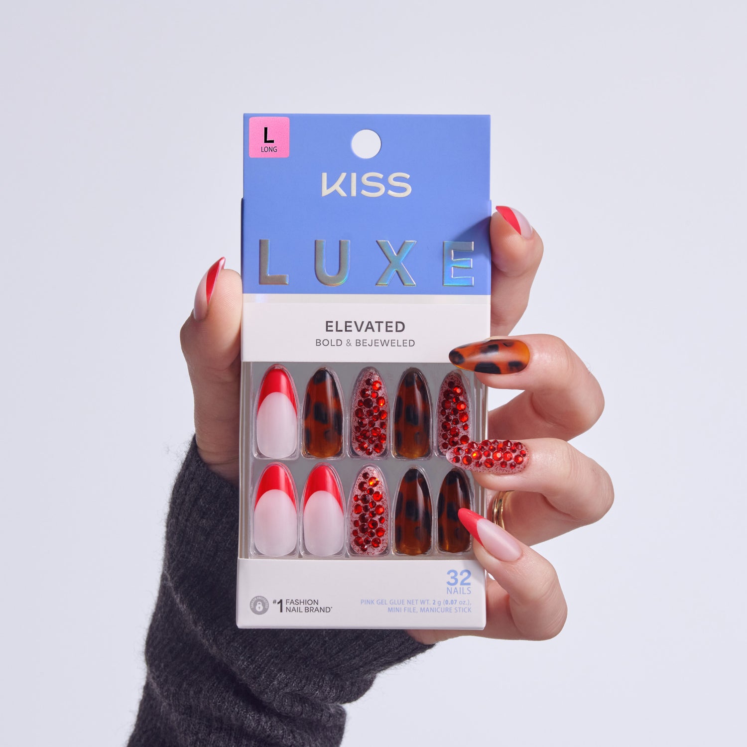 KISS Luxe Elevated press-on nails in red, tortoiseshell, and jeweled designs, size L.