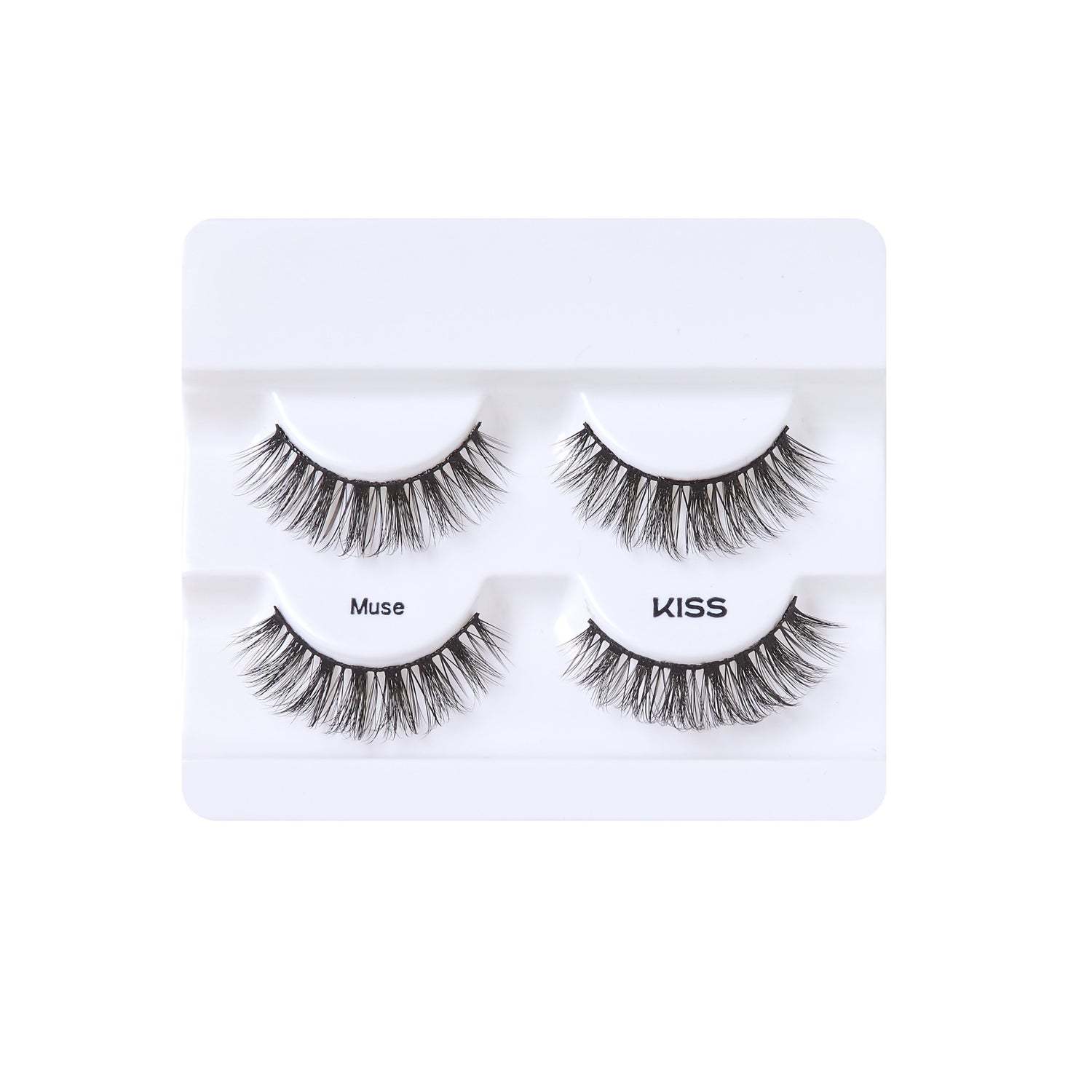 Two pairs of KISS Lash Couture faux mink false eyelashes in black, displayed in white plastic packaging labeled \
