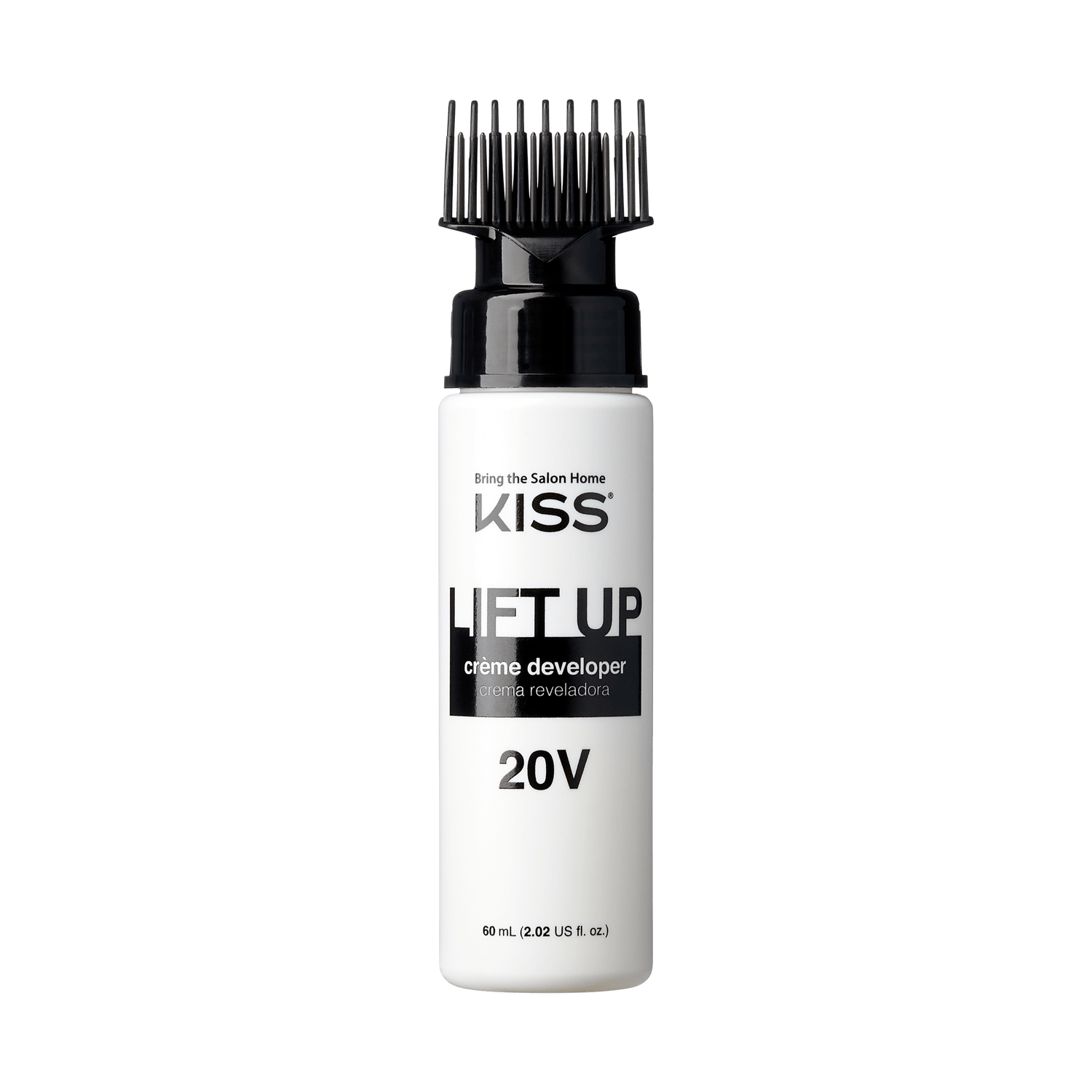 White bottle of KISS Lift Up crème developer with black applicator comb cap, labeled \