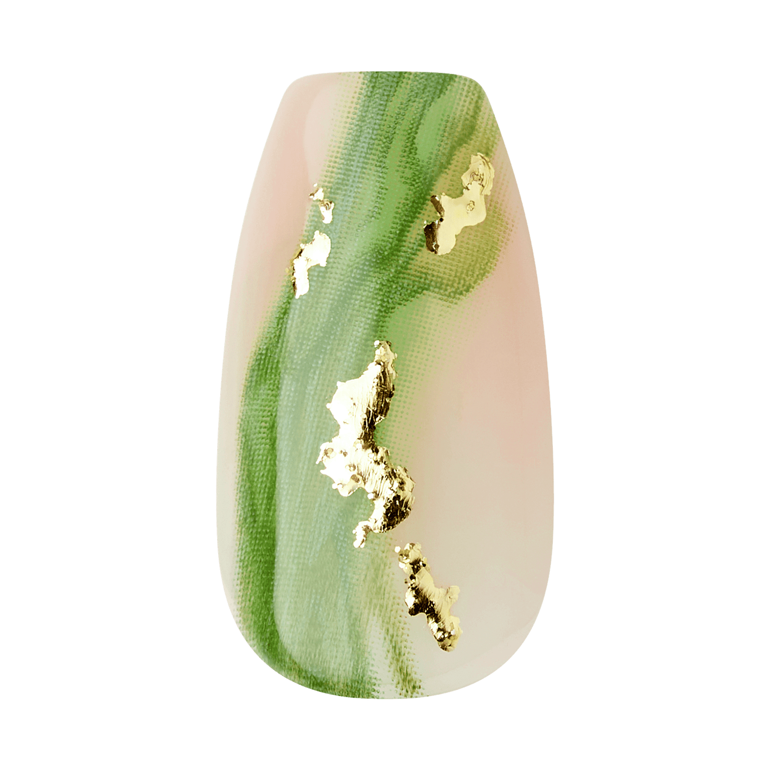 The image shows a single artificial nail with an elegant design. The nail features a soft, gradient background that transitions from a light pink to a green hue. Over this gradient, there are irregularly shaped gold foil accents that add a touch of luxury and sophistication to the overall look. The design is minimalist yet stylish, making it suitable for a chic and modern aesthetic.