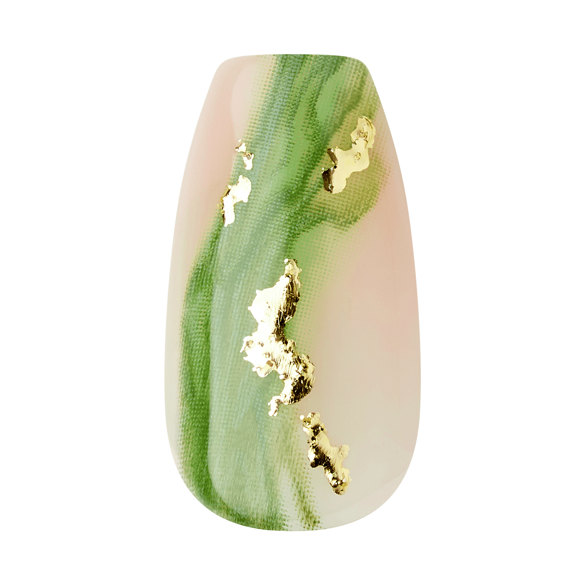 The image shows a single artificial nail with an elegant design. The nail features a soft, gradient background that transitions from a light pink to a green hue. Over this gradient, there are irregularly shaped gold foil accents that add a touch of luxury and sophistication to the overall look. The design is minimalist yet stylish, making it suitable for a chic and modern aesthetic.