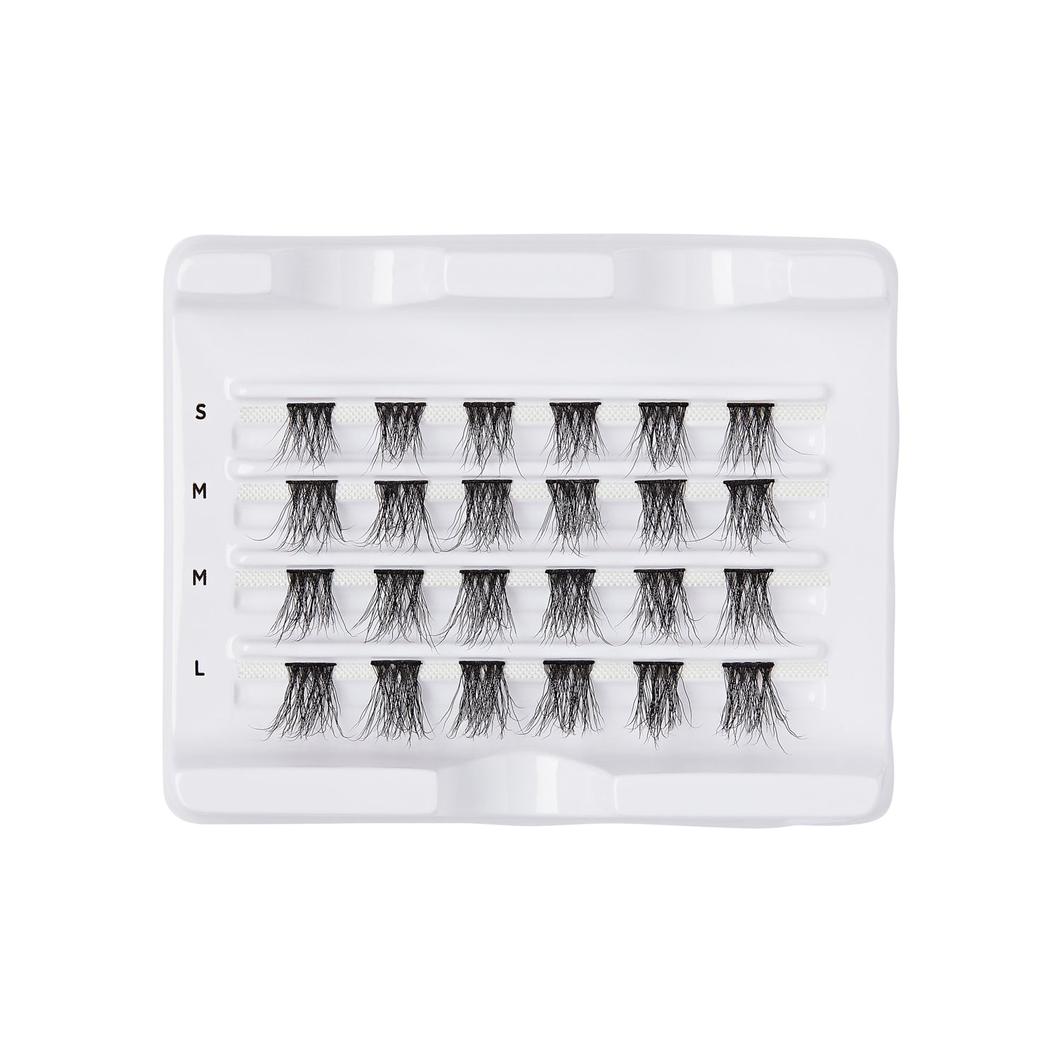 Tray of 24 black faux mink eyelash wisps in four rows, labeled with sizes S, M, and L on the left side, against a white background.