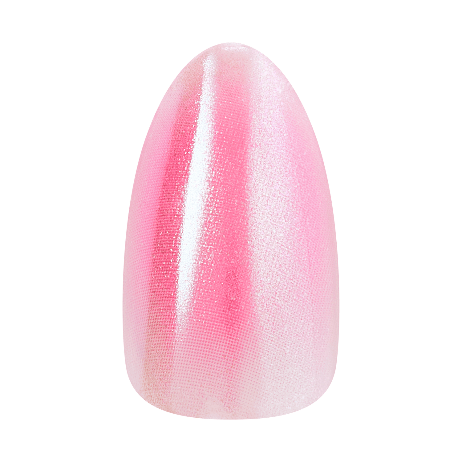 Almond-shaped nail with pink ombre gradient and white shimmer finish.