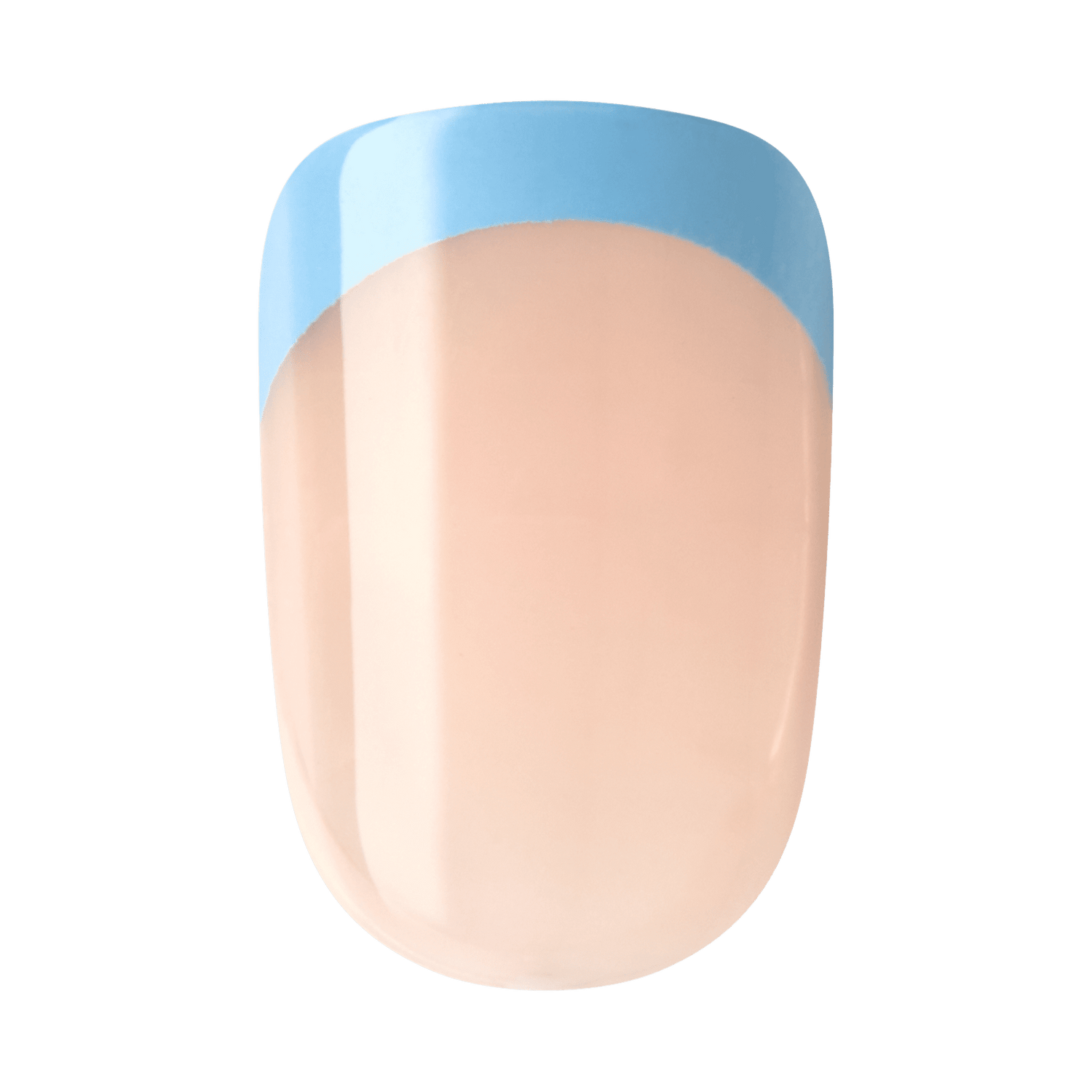 The image shows a close-up of a single fingernail with a polished and manicured appearance. The nail is painted with a nude or light pink base color, and the tip is adorned with a light blue French tip design. The overall look is clean, glossy, and well-maintained, showcasing a simple yet elegant nail art style.