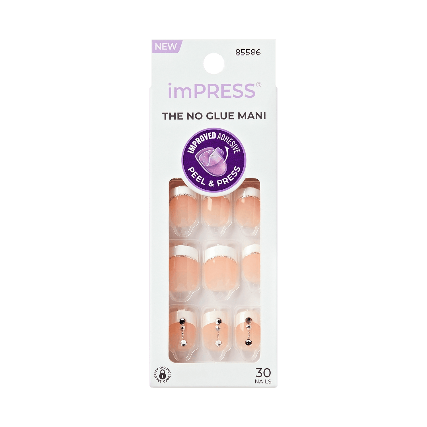 imPRESS Press On Nails Falling, 30 nails in shades of nude with white tips and silver glitter, some adorned with small rhinestones, packaged in white box with \